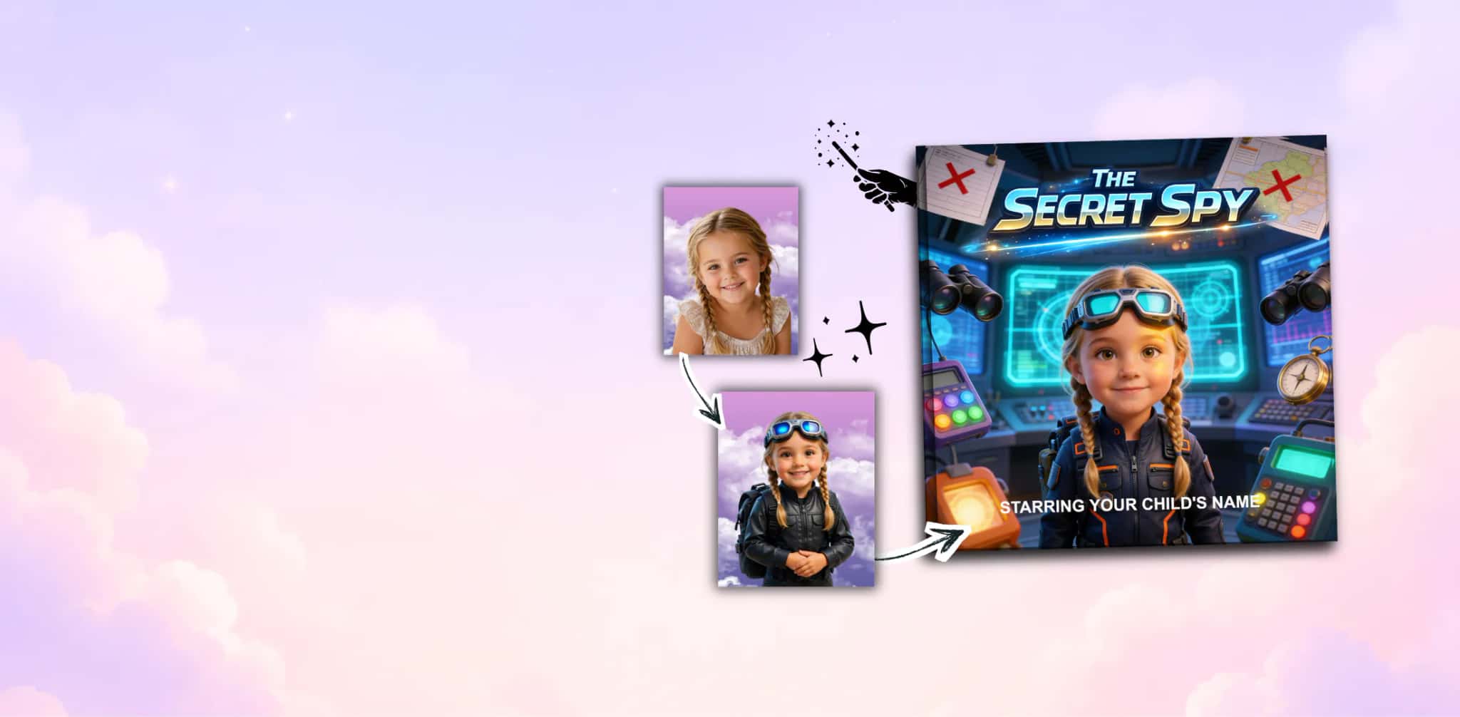 Personalized children's storybook “The Secret Spy” — a child's photo transformed into the story's spy hero on the cover