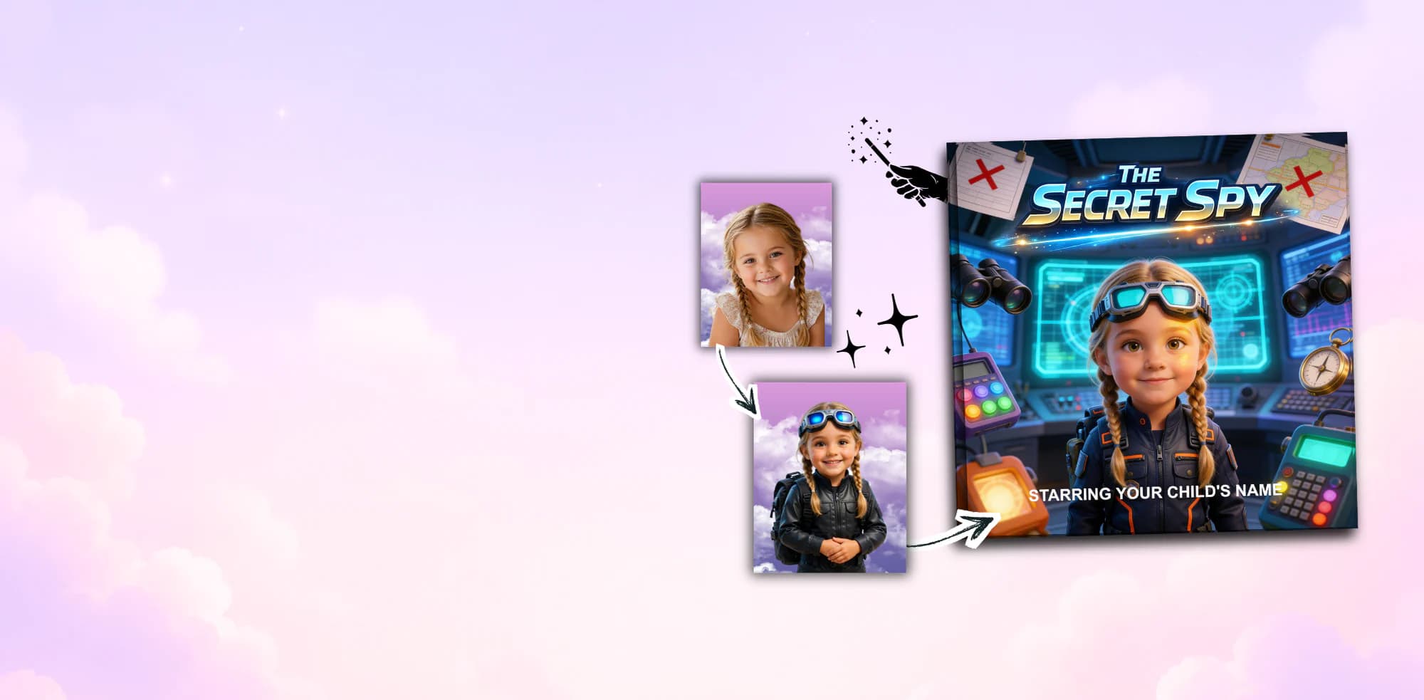 Personalized children's storybook “The Secret Spy” — a child's photo transformed into the story's spy hero on the cover
