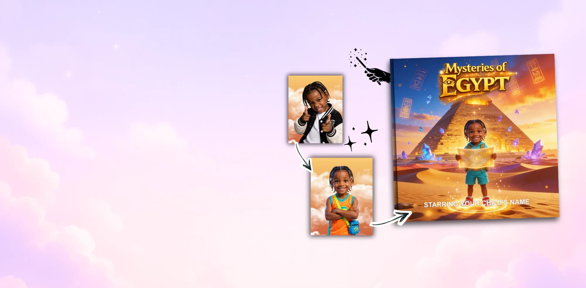 Personalized children's storybook “Mysteries of Egypt” — a child's photo transformed into an explorer at the pyramids on the cover