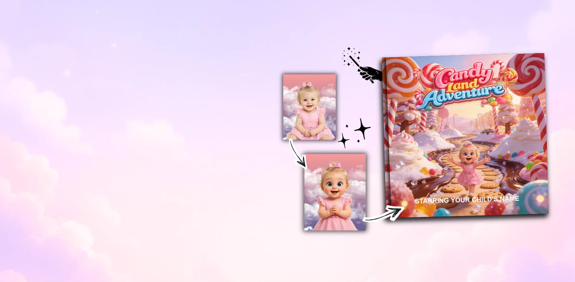 Personalized children's storybook “Candy Land Adventure” — a child's photo transformed into the hero exploring a candy world on the cover