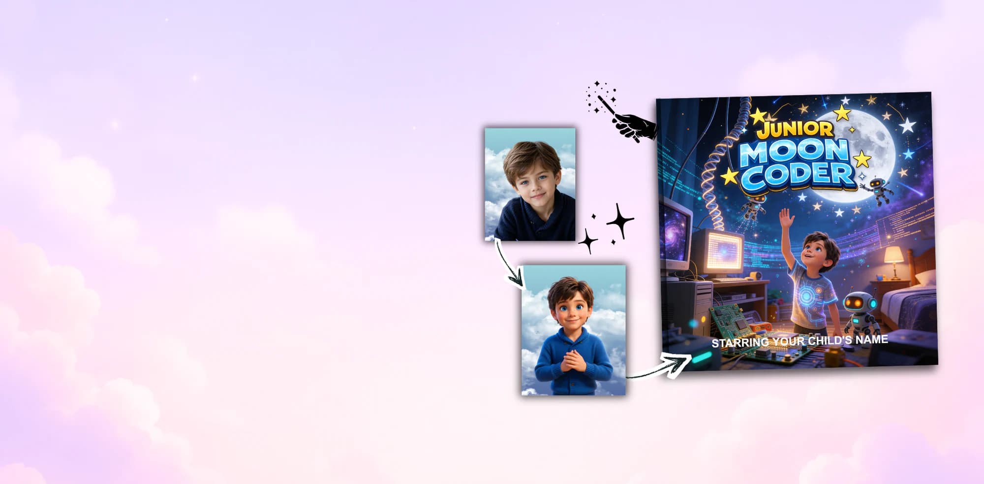 Personalized children's storybook “Junior Moon Coder” — a child's photo transformed into a young coder under the moon on the cover