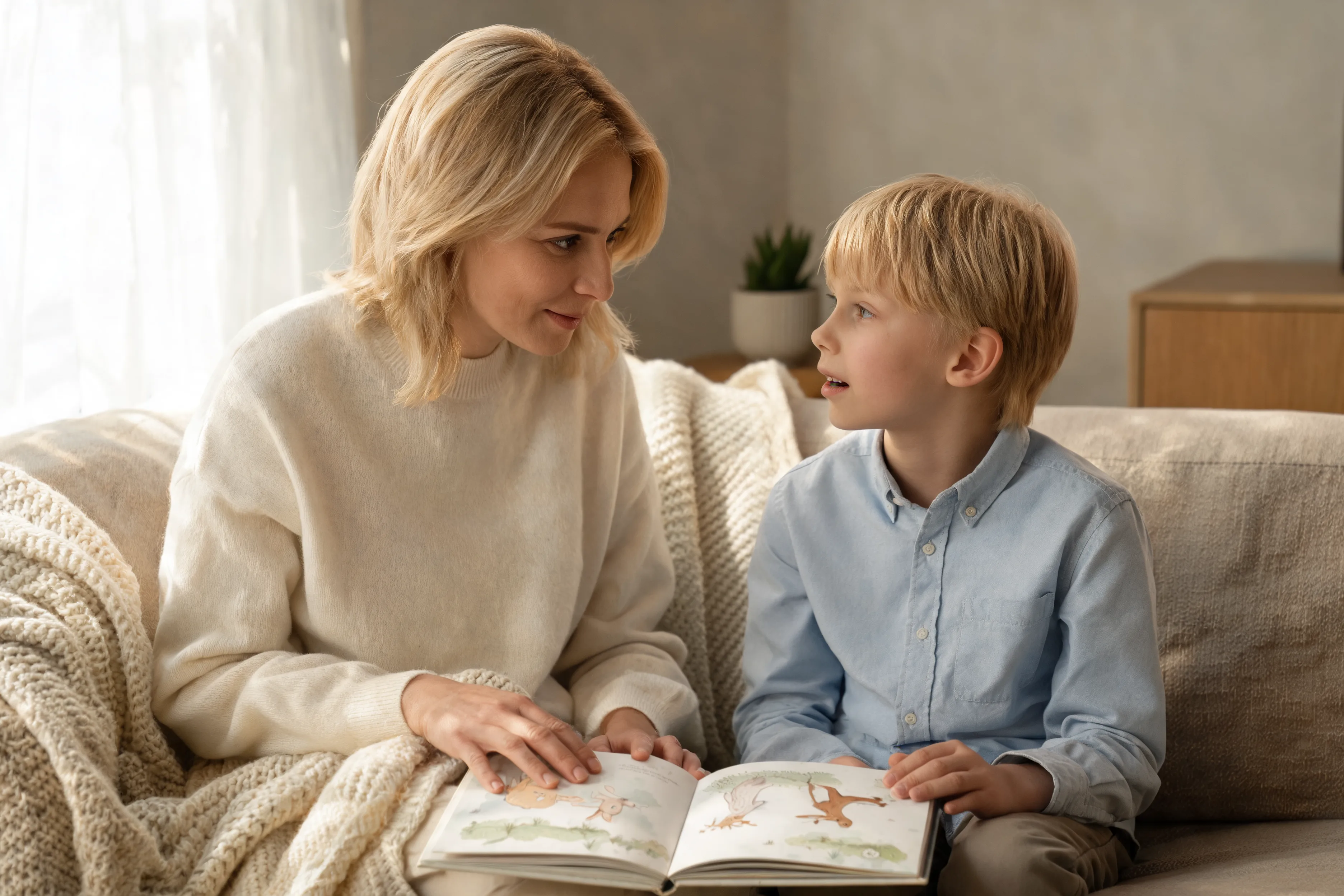 Parent and child talking about feelings through books Parent and child talking warmly over a picture book, using the story to discuss feelings