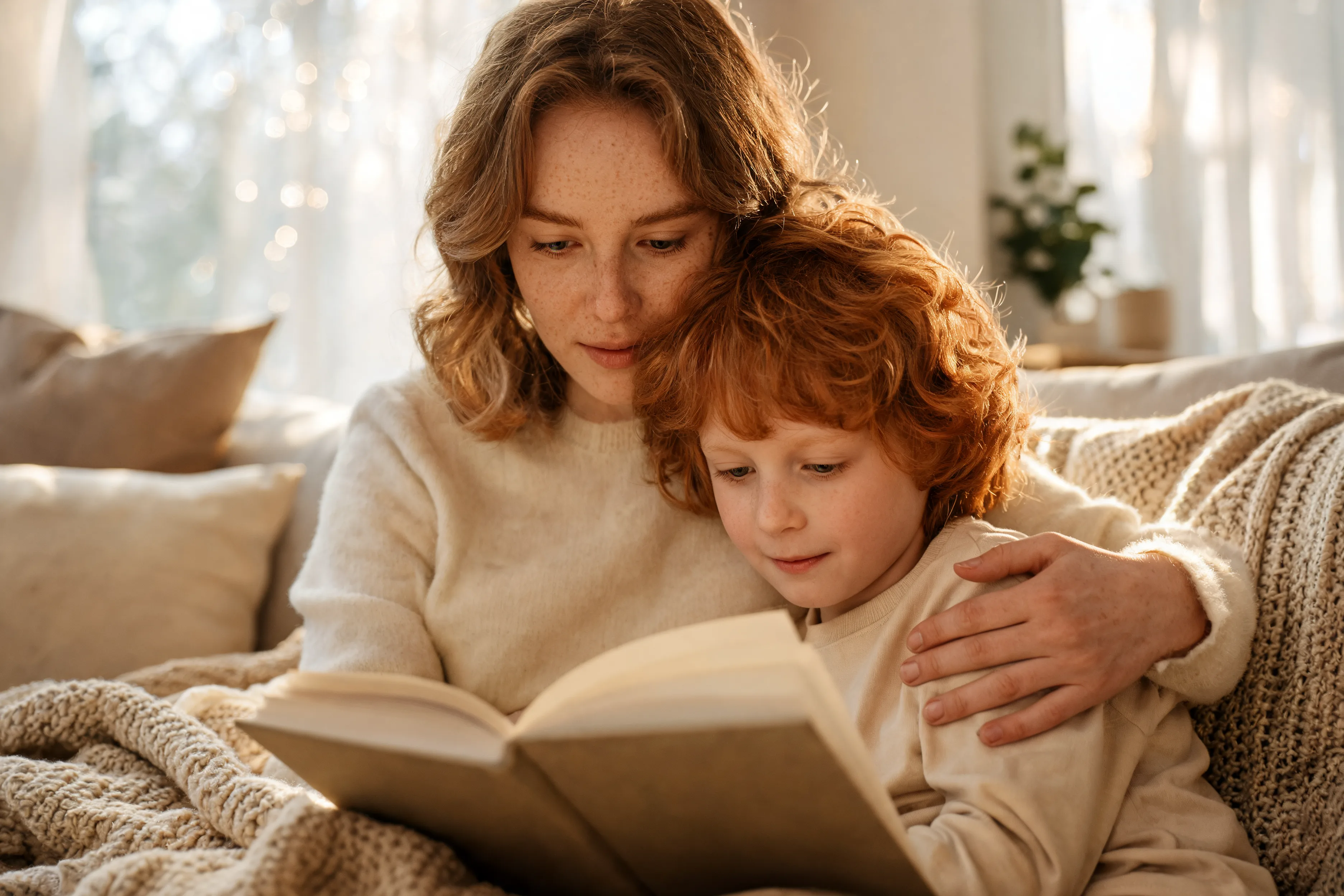 Parent and child co-regulating during reading time Parent's hand resting gently on a child's back while they read together, showing calm co-regulation