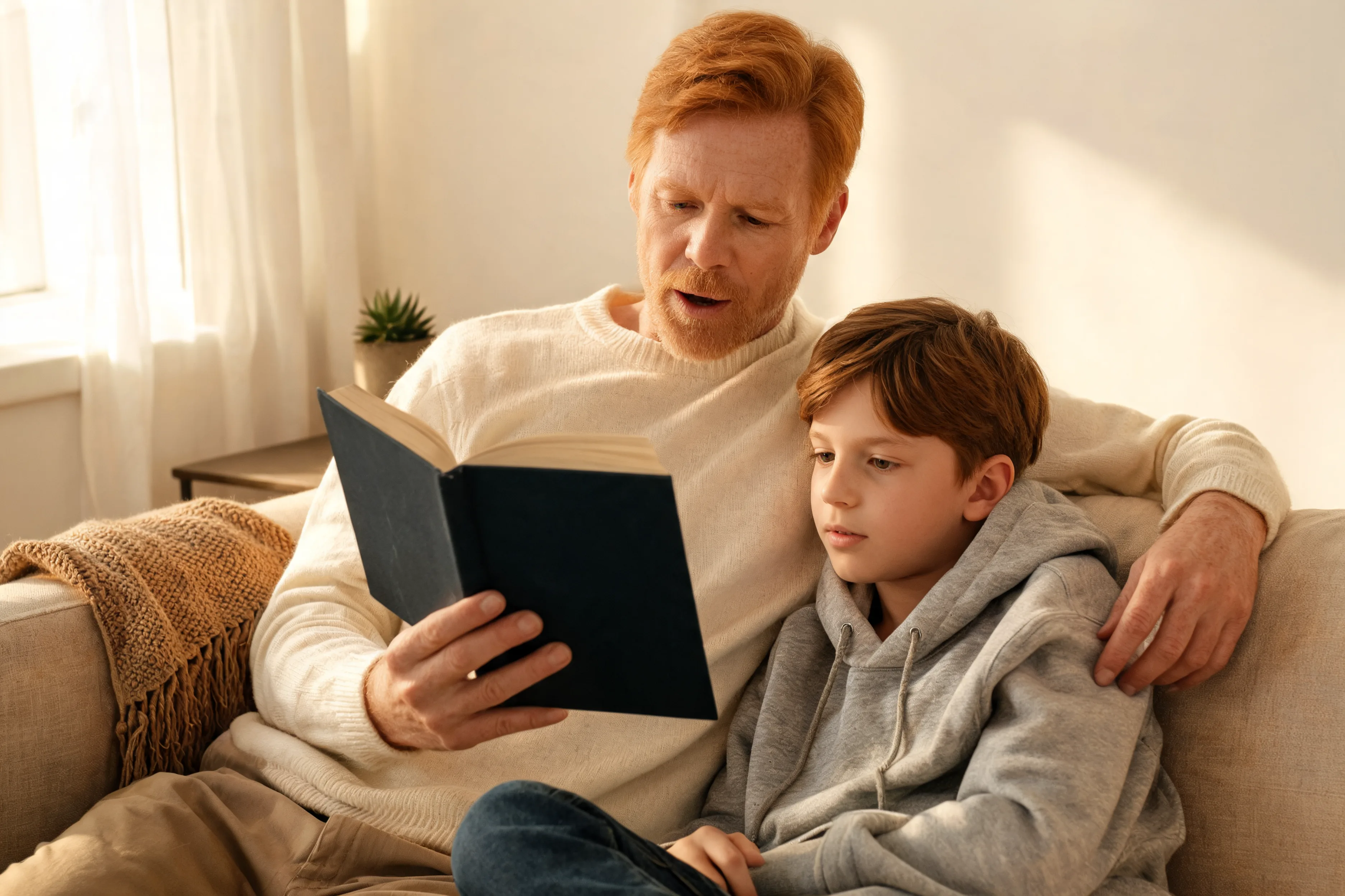 Parent reading aloud to an older child Parent reading aloud to an older child on a couch, keeping family reading time alive beyond early childhood