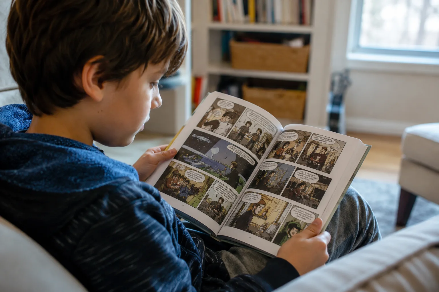 A child reading a graphic novel with visible engagement — speech bubbles and panel structure visible, demonstrating that graphic novels are real reading