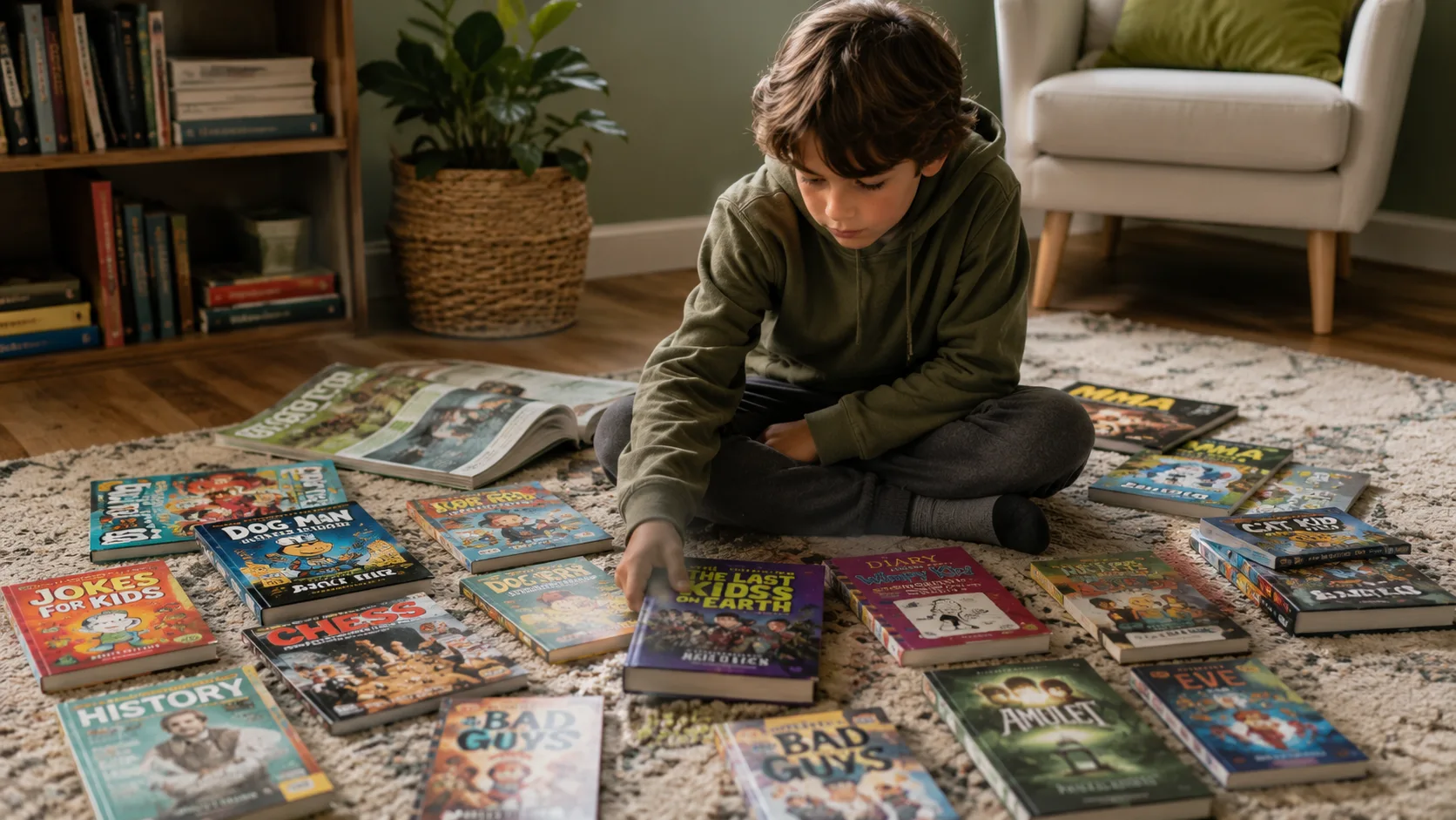A child sitting on the floor surrounded by a wide selection of book formats — graphic novels, comics, magazines, joke books, and short-chapter illustrated novels — choosing one of their own accord