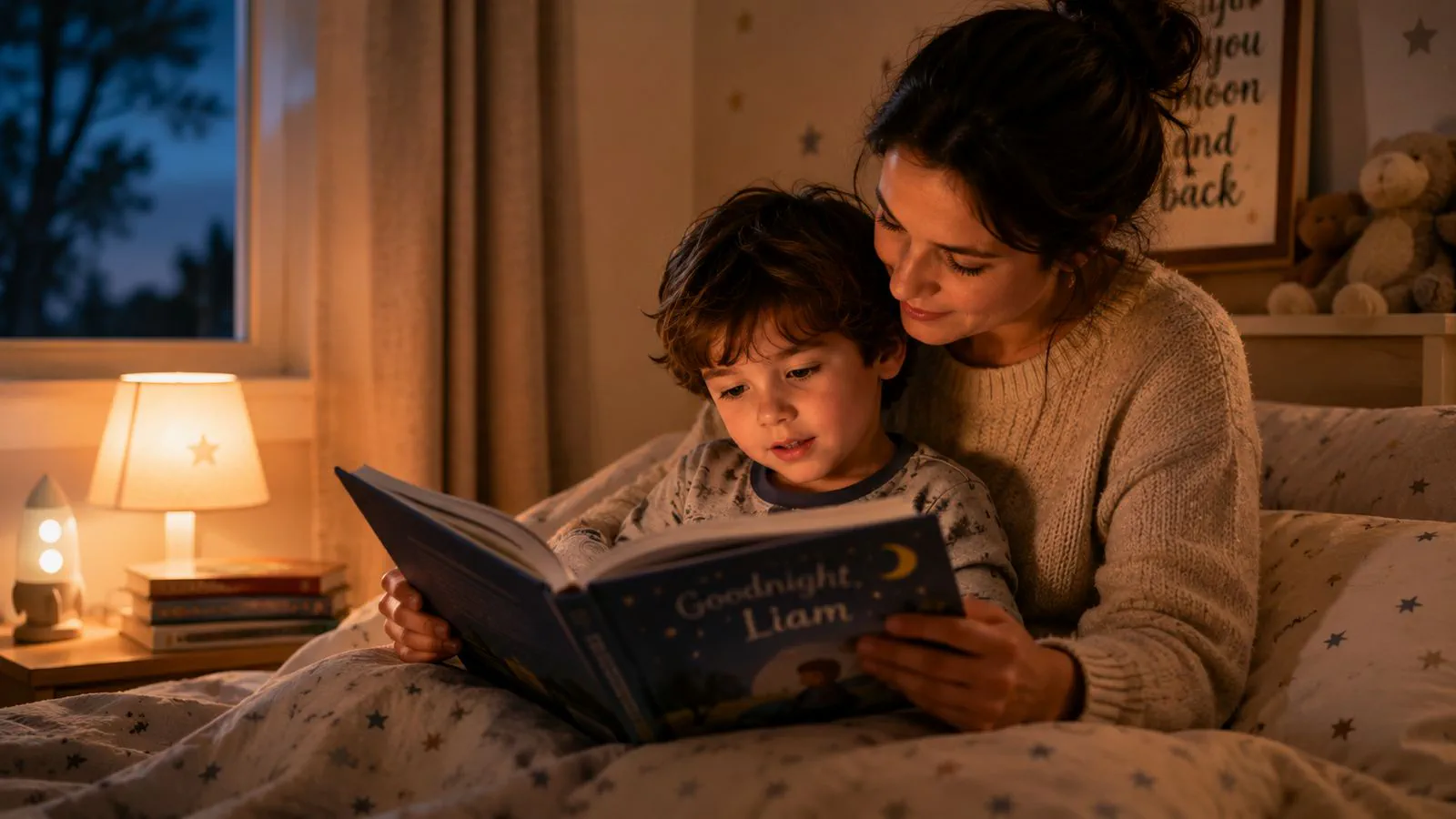 A sleeping child with a picture book resting open on the blanket, soft night light, peaceful bedroom