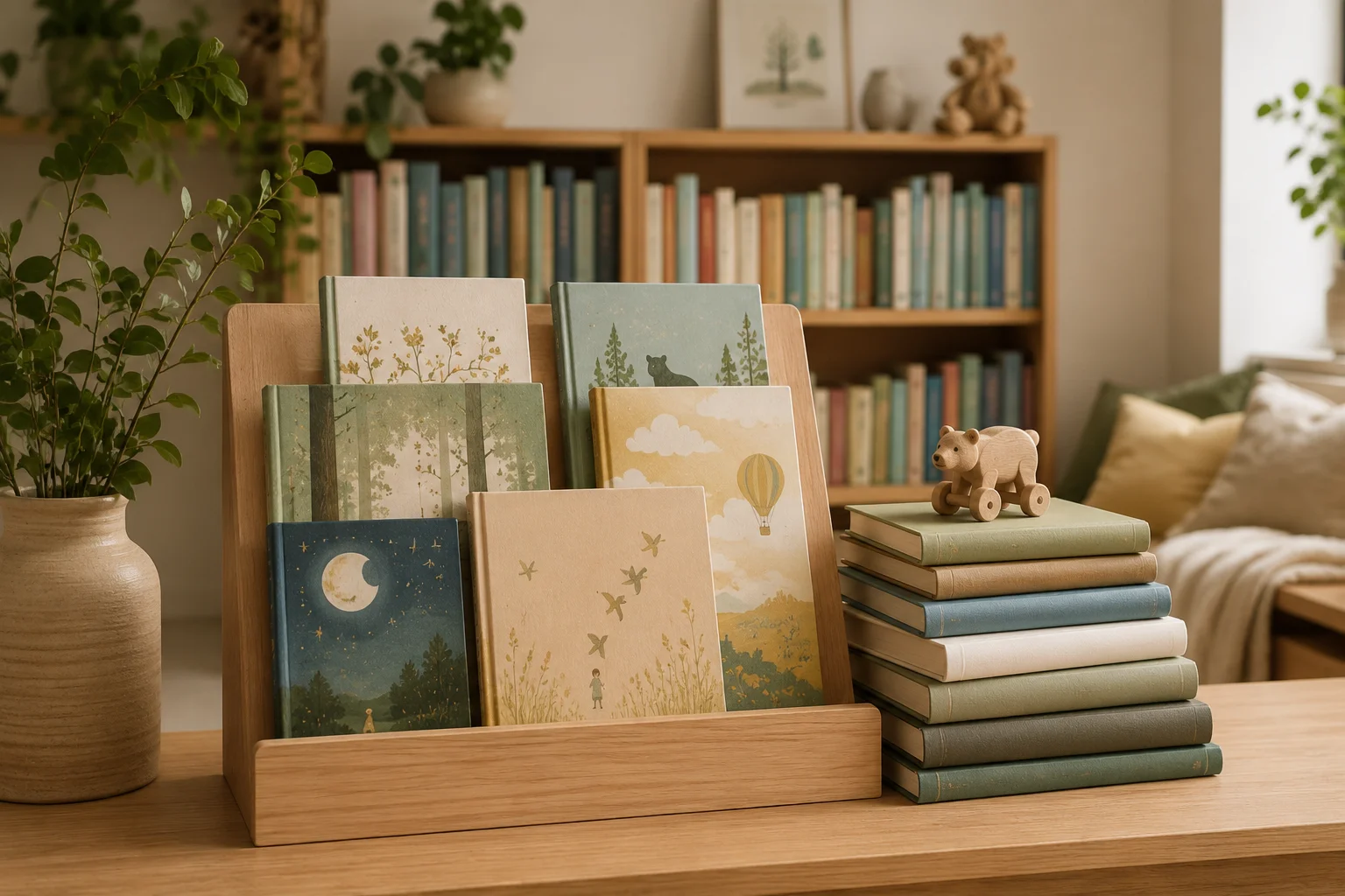 Elegant display of award-style children’s books in a home library