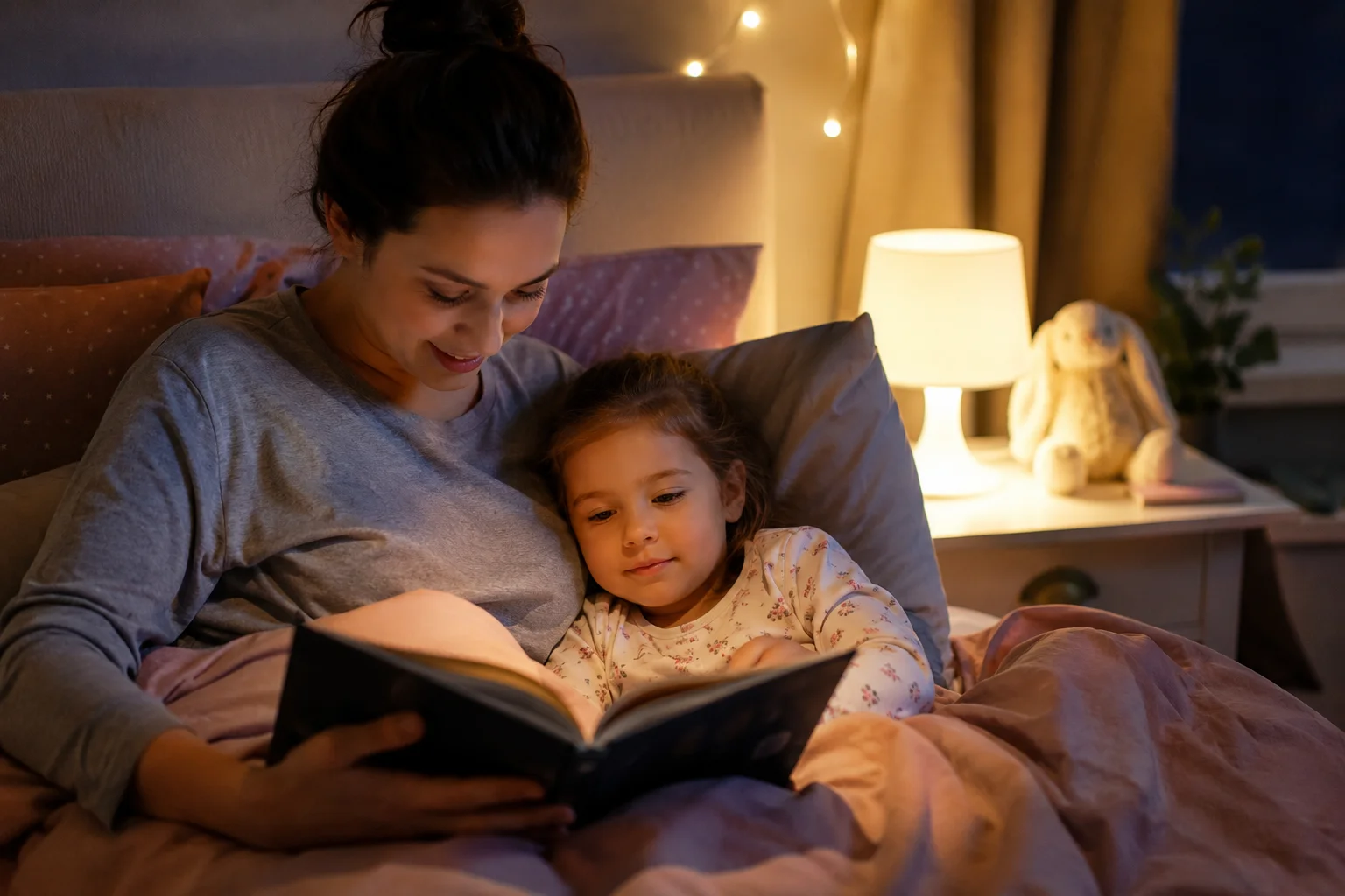 Parent reading a bedtime story aloud to a child under soft night lighting