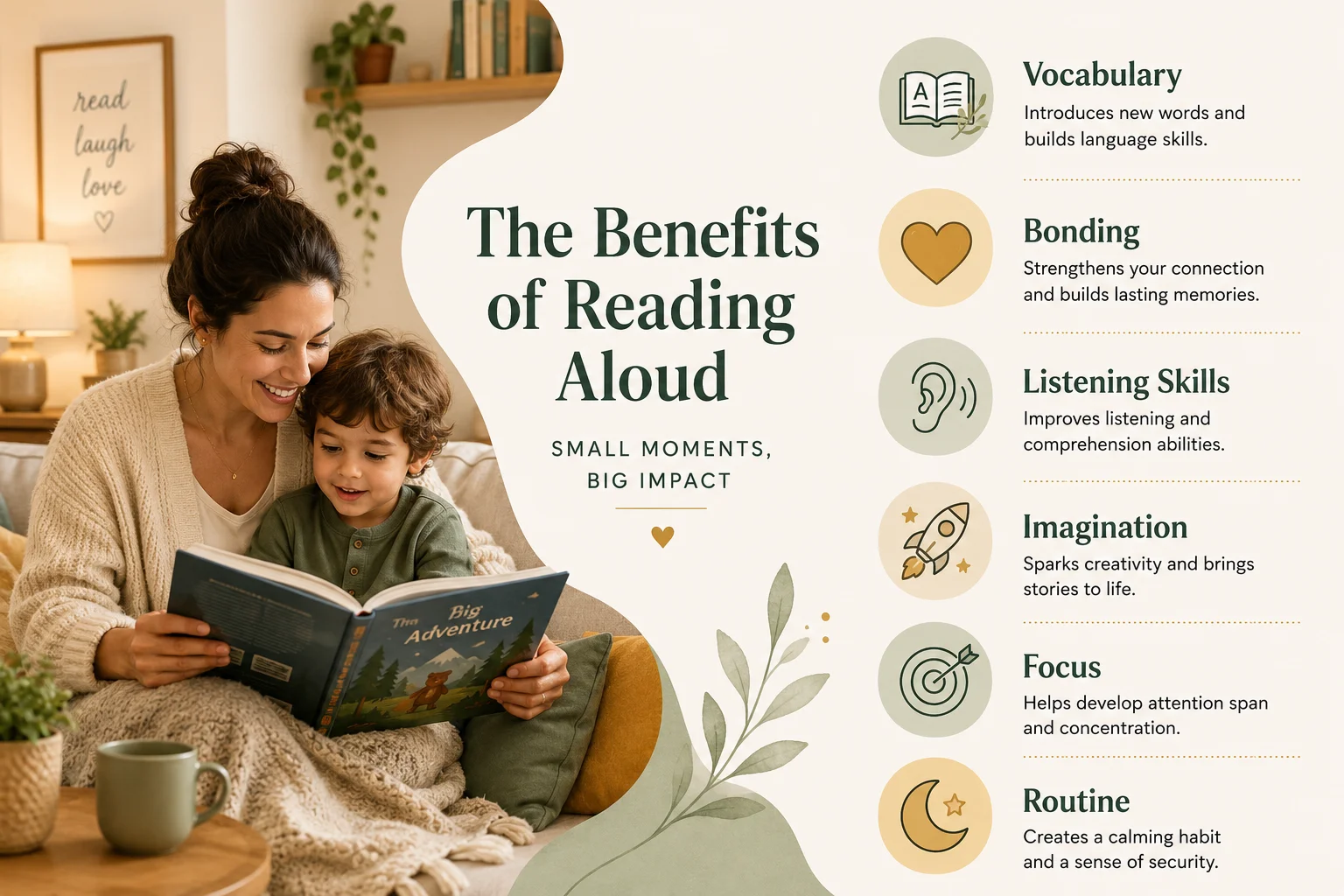 Visual summary of the benefits of reading aloud to children including vocabulary bonding and listening skills