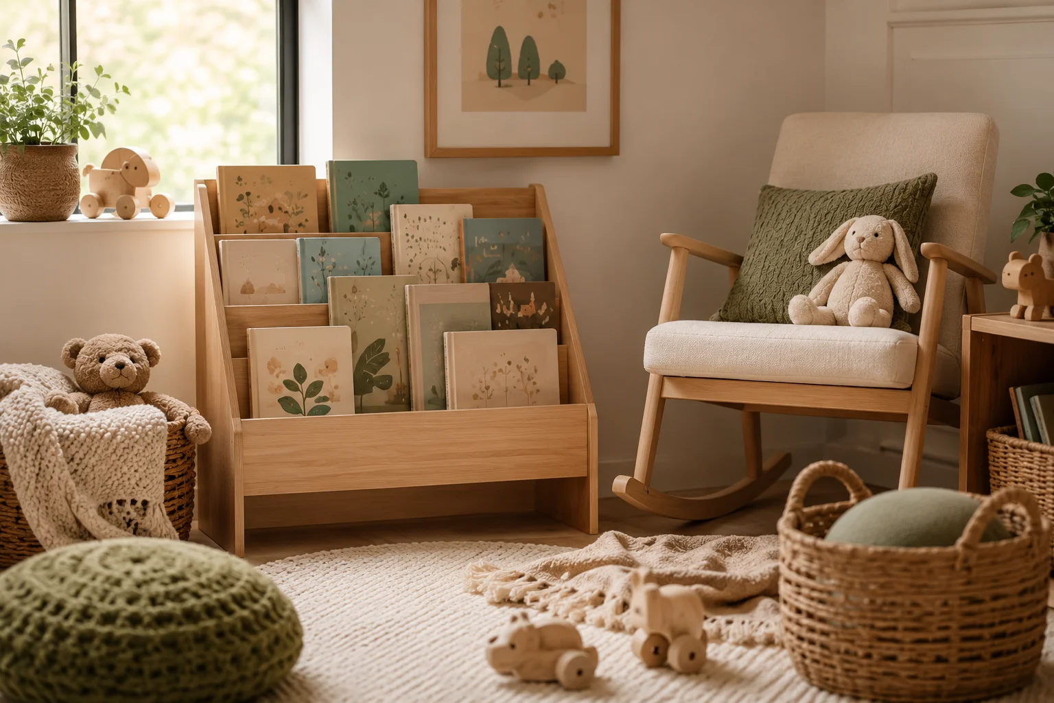 Collection of board books displayed in a warm nursery reading corner