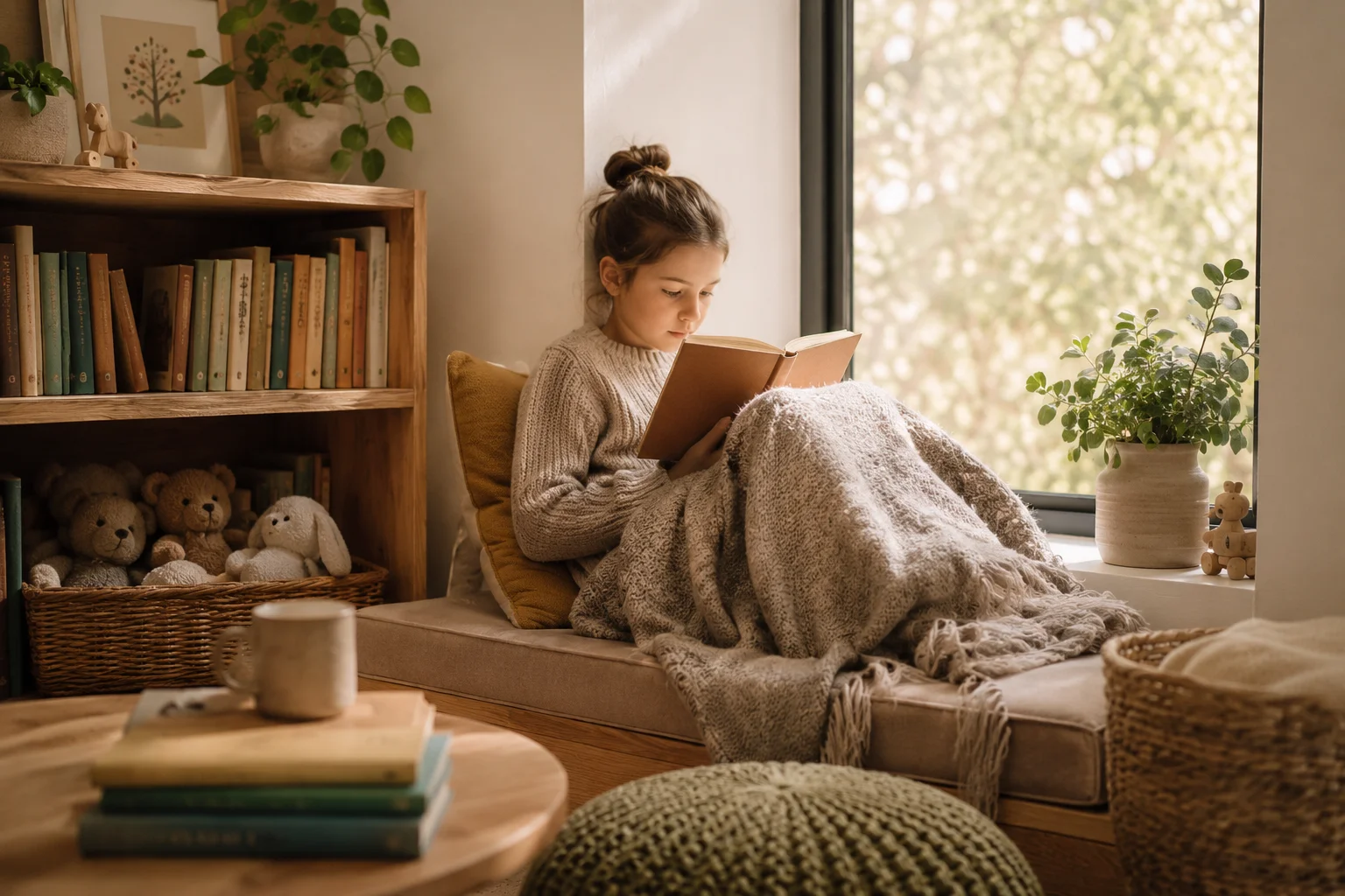 School-age child reading chapter books in a cozy reading nook