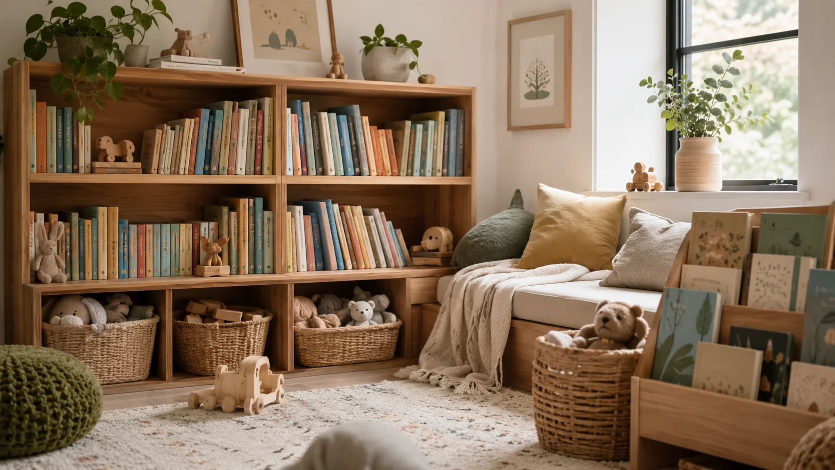 Cozy children’s home library with books arranged for babies preschoolers early readers and older children