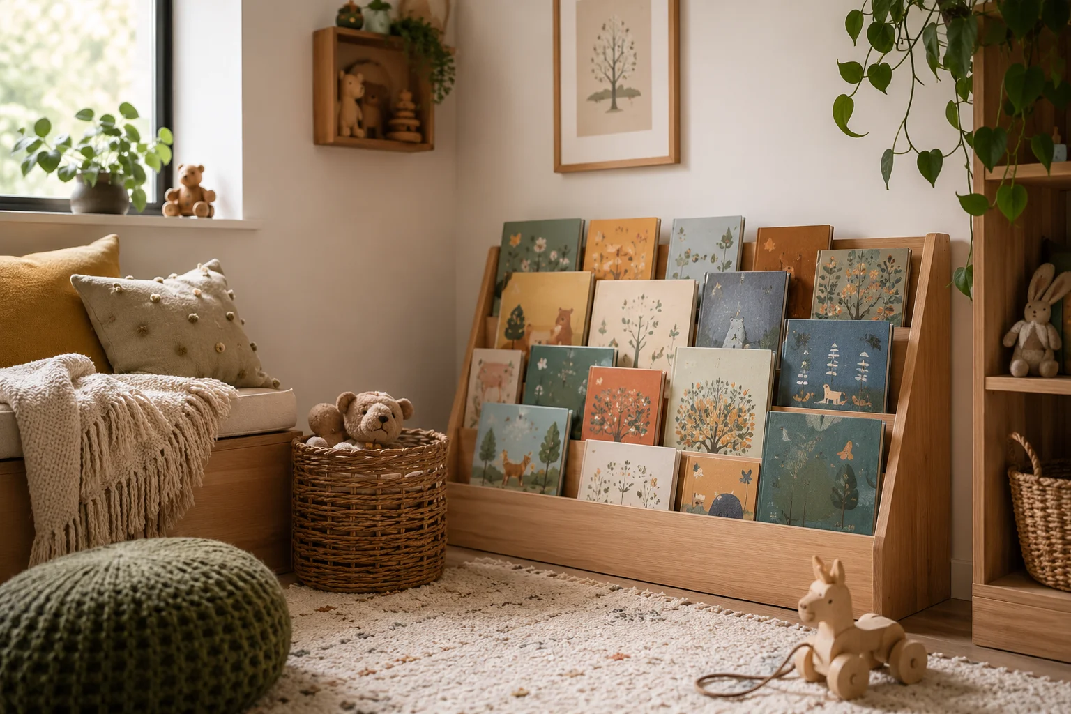 Colorful picture books arranged in a cozy children’s reading corner