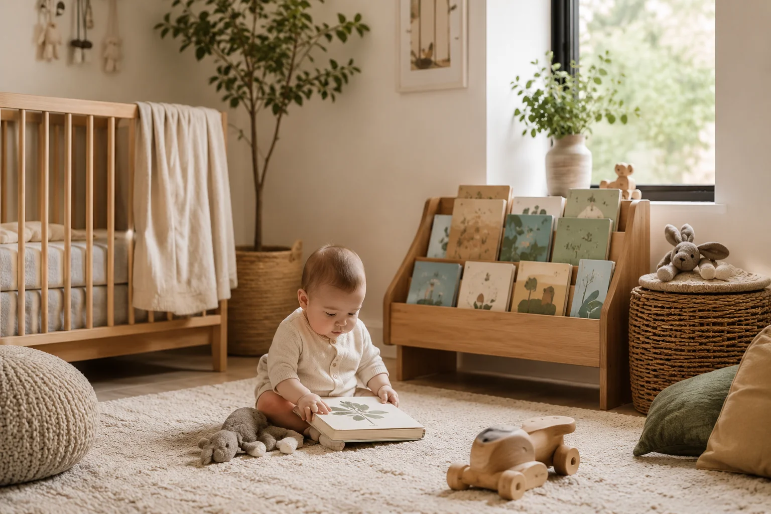 Books for babies arranged in a nursery