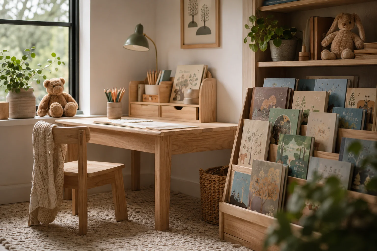 Books for early readers arranged near a child’s desk