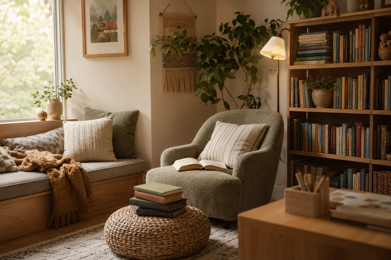 Middle-grade books for older children in a cozy reading nook