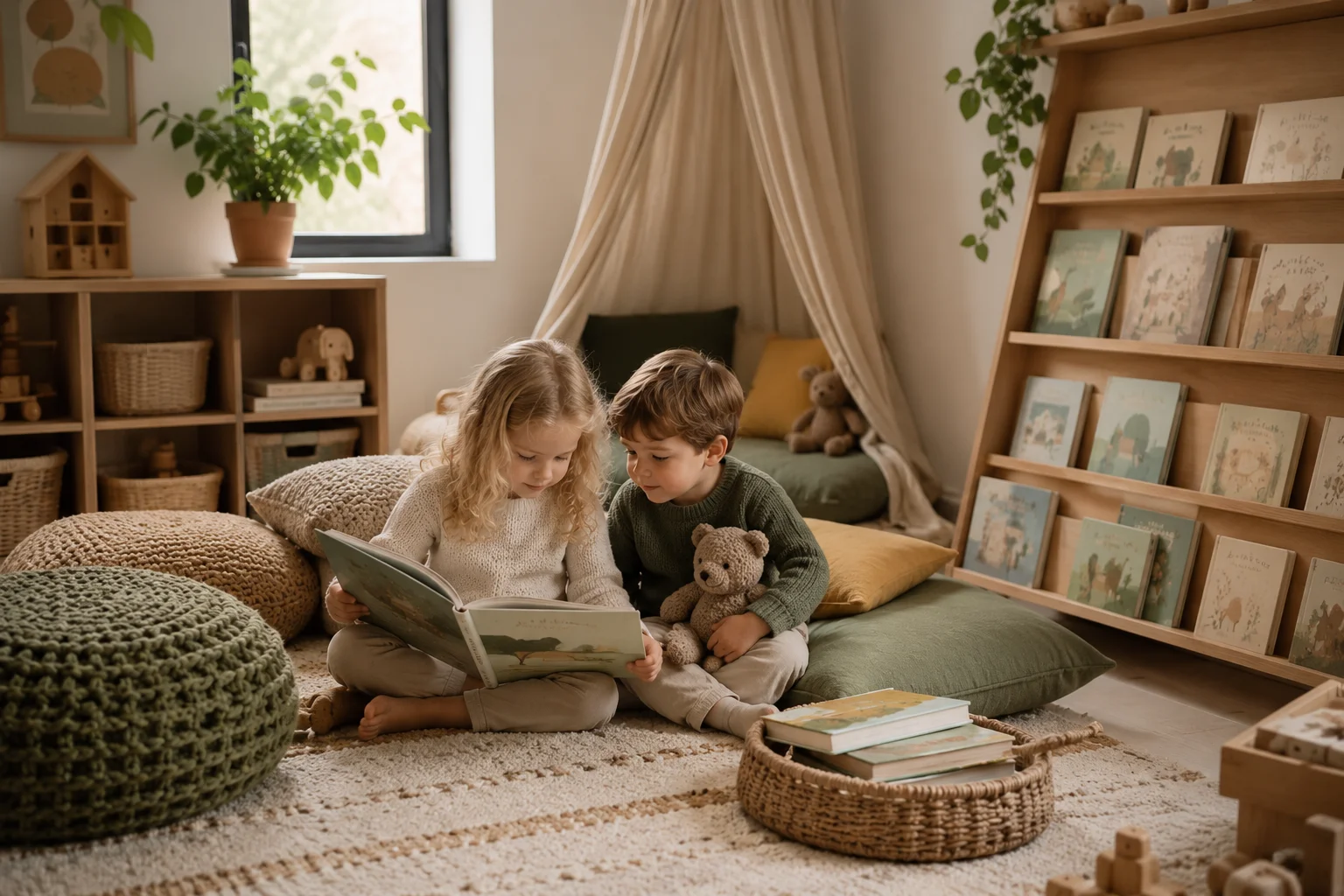 Books for preschoolers in a playroom reading corner