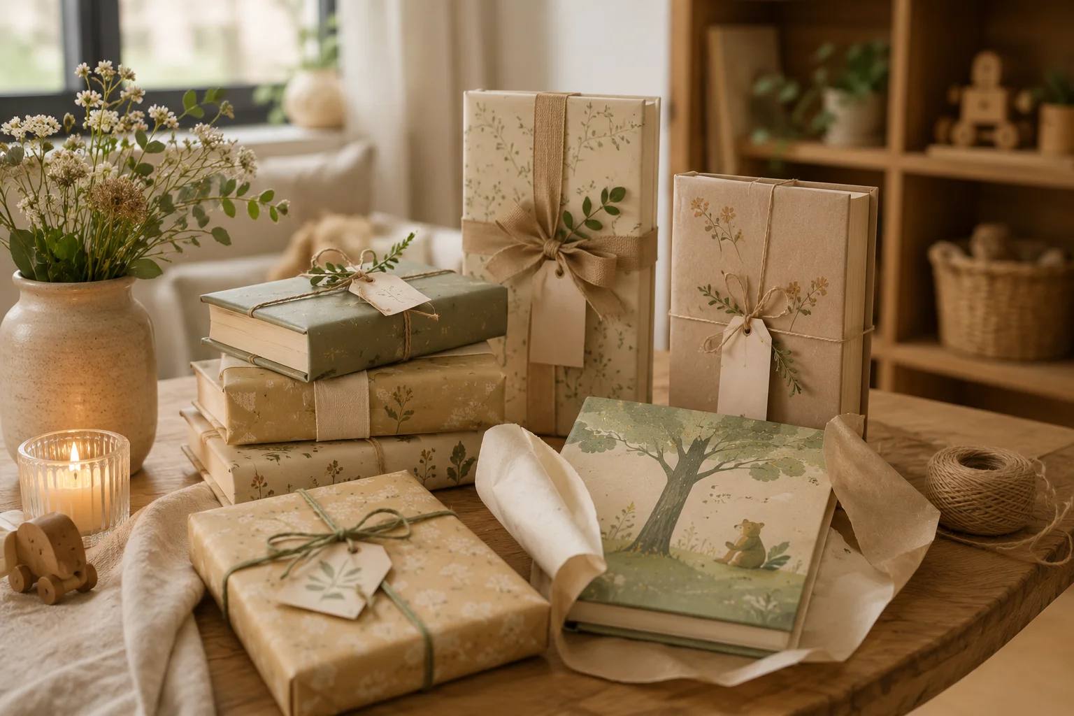 Children’s books wrapped as thoughtful gifts on a table