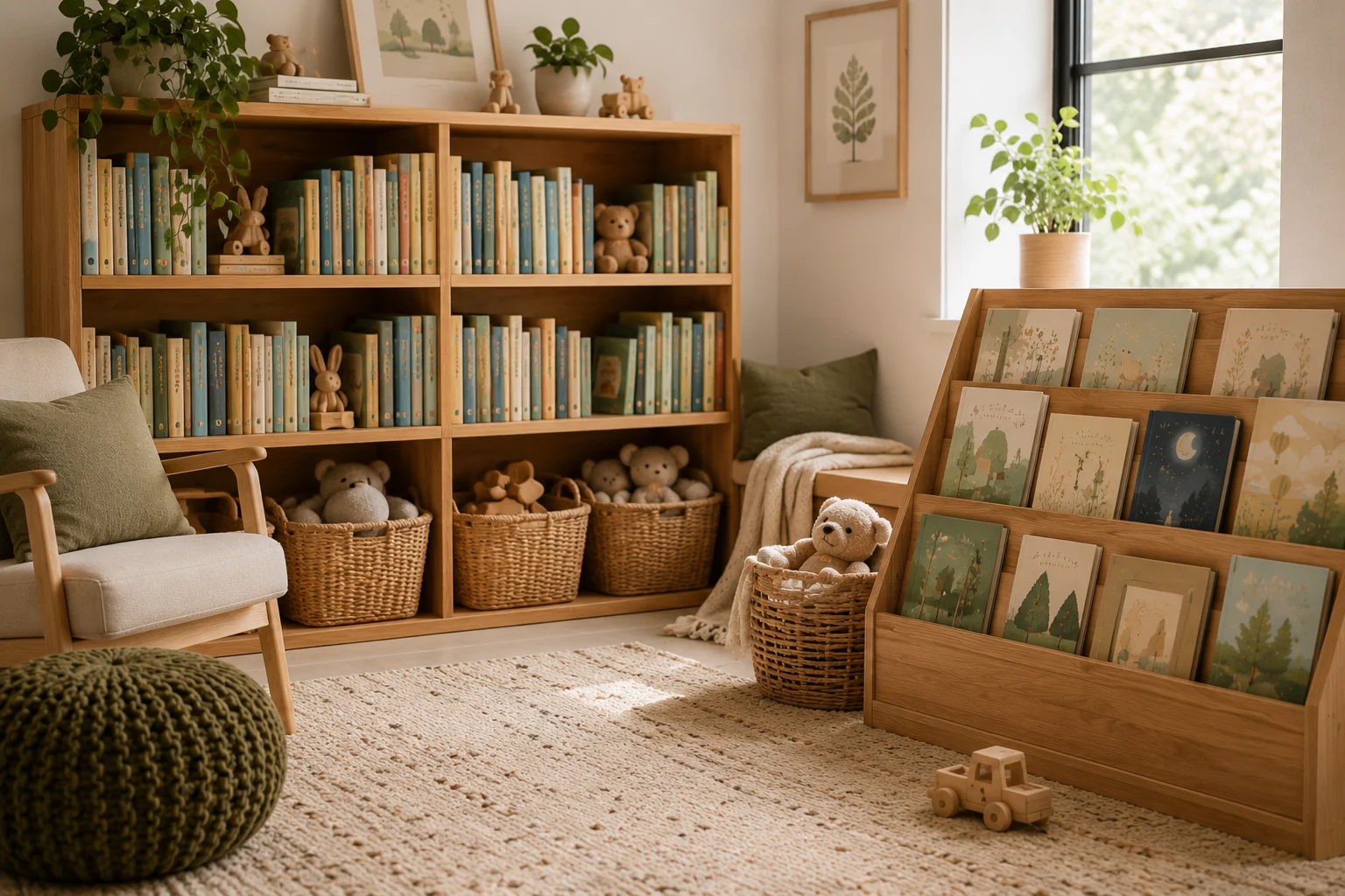 Children’s books arranged in a warm home library shelf