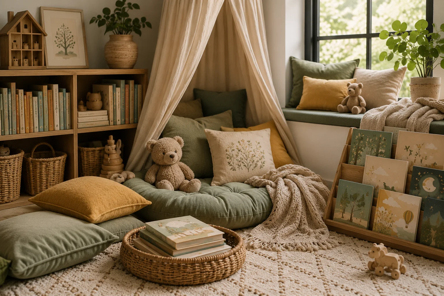 Cozy children’s reading nook with books and soft pillows