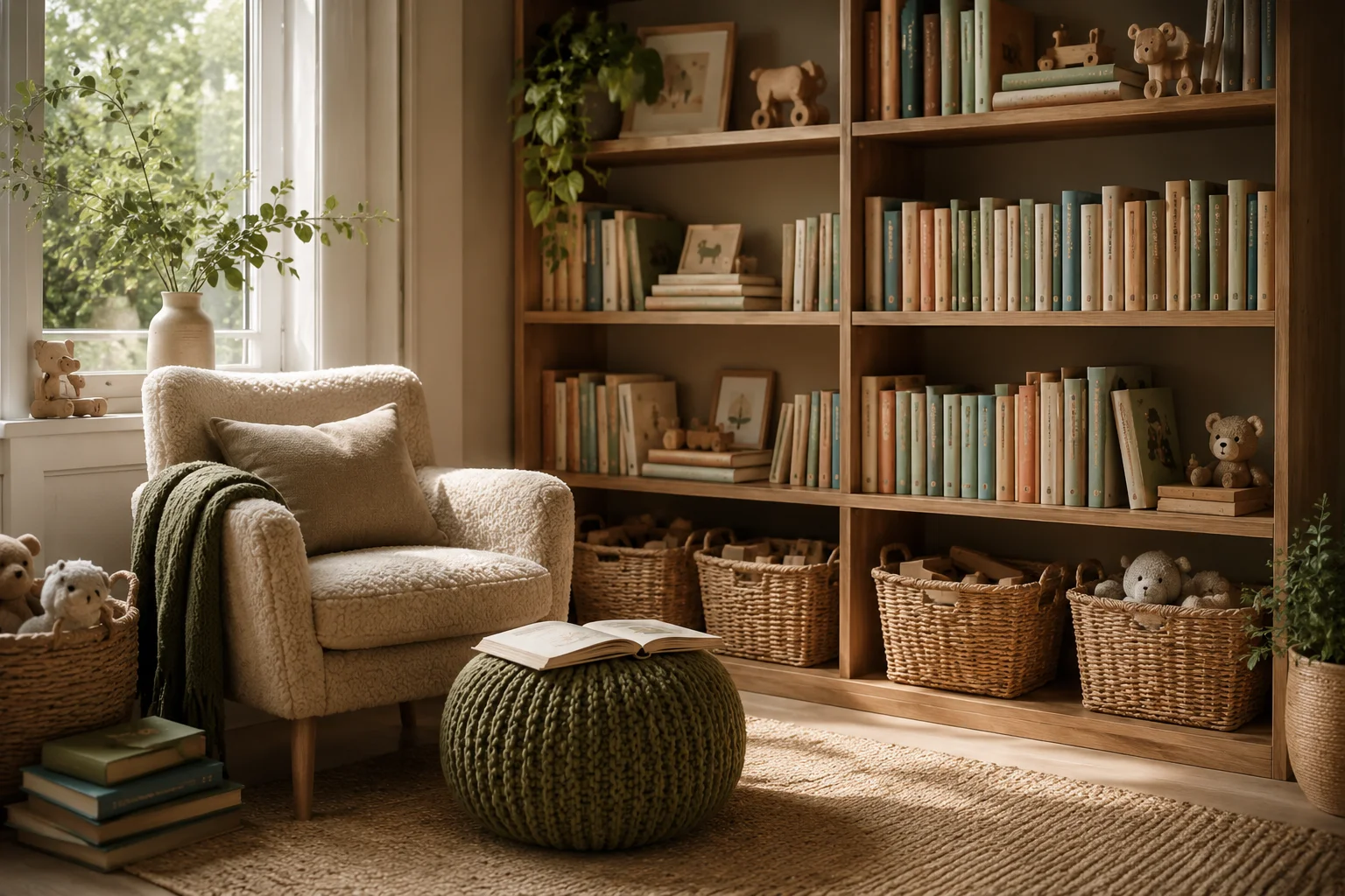 Classic children’s books arranged on a warm wooden bookshelf