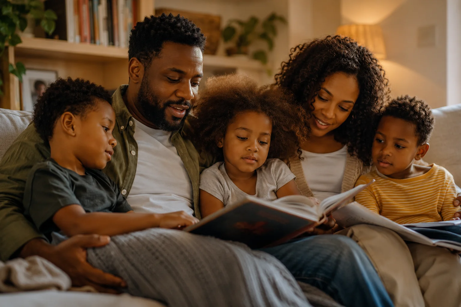Family reading together on a couch during a warm evening story session