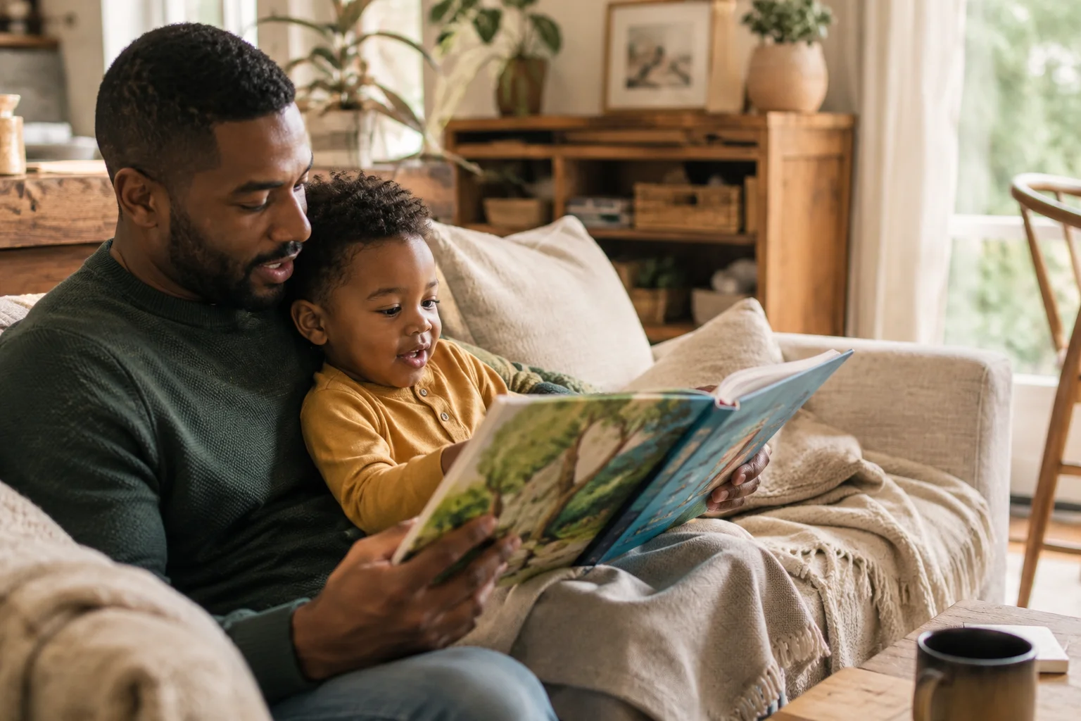 Parent reading aloud to a young child in a cozy living room