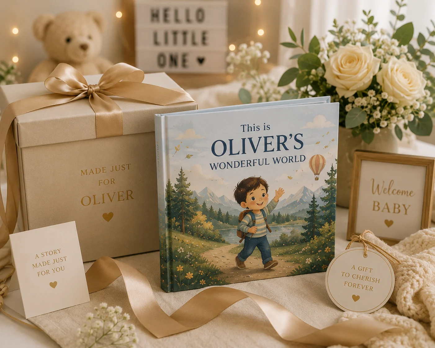 Personalized children's book presented as a luxury gift with ribbon and flowers