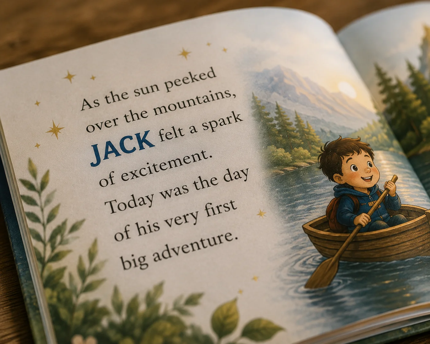 Close up of a personalized book page with the child's name integrated into the story text