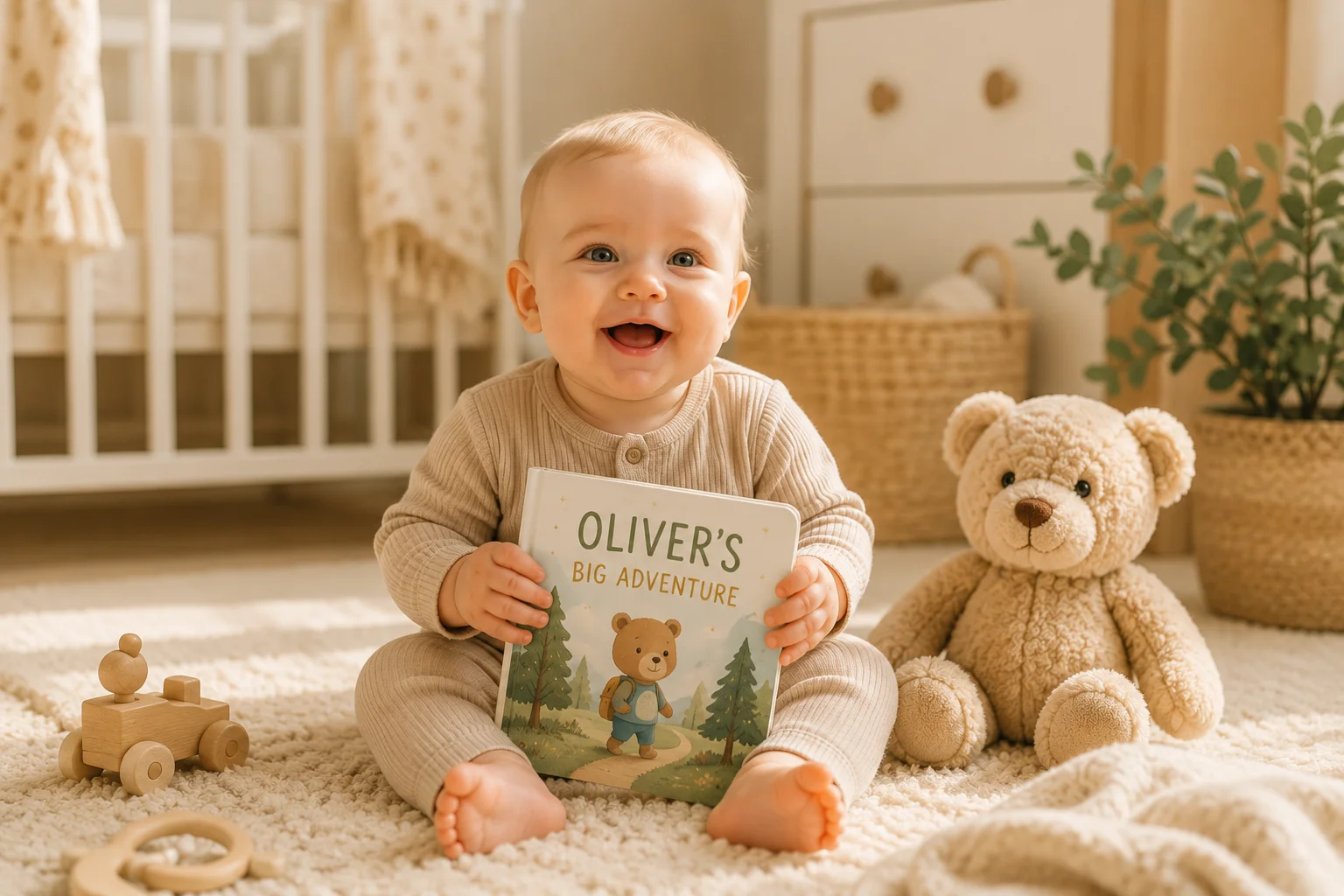 Smiling baby holding a personalized board book in a warm nursery