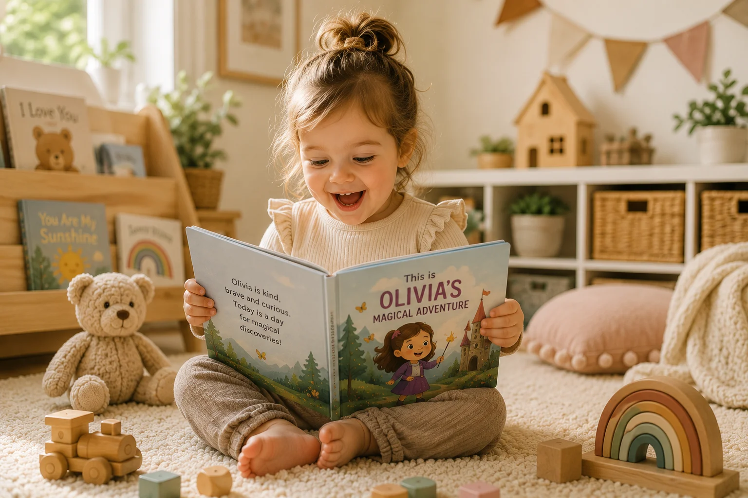 Preschool child reading a personalized adventure story in a playroom with imagination toys