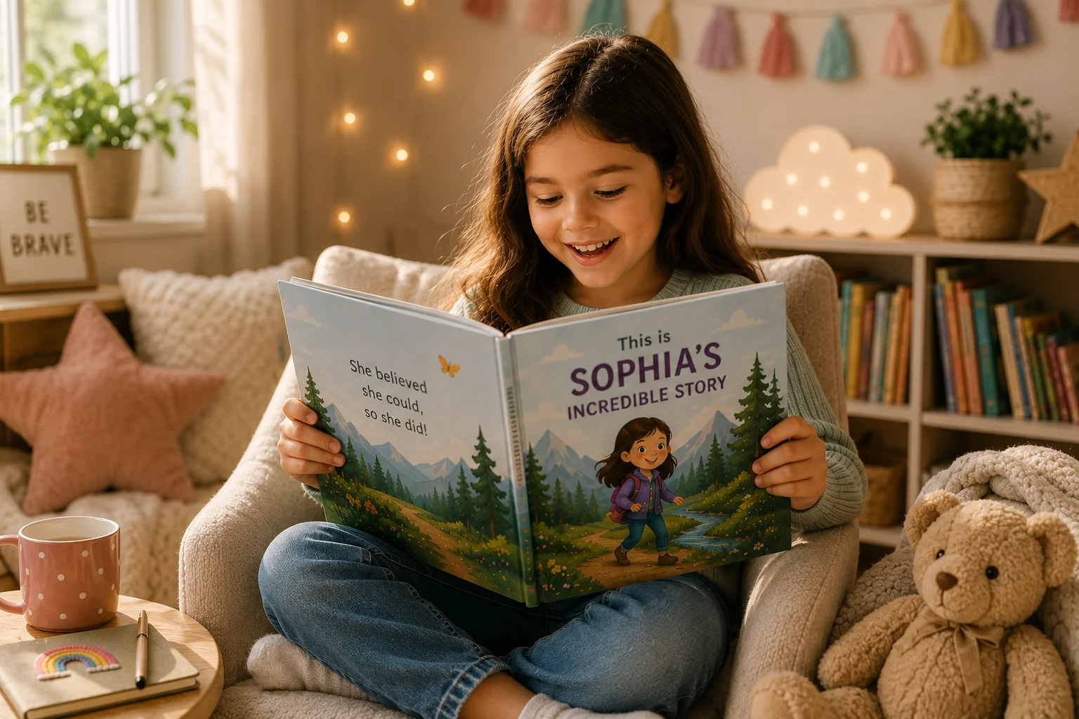 School age child reading a personalized adventure book in a cozy reading corner