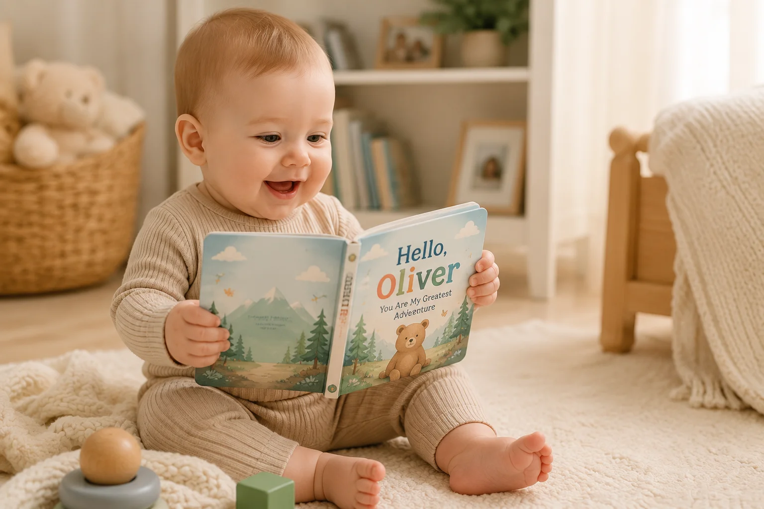 Toddler smiling while reading a personalized storybook with their name in the story