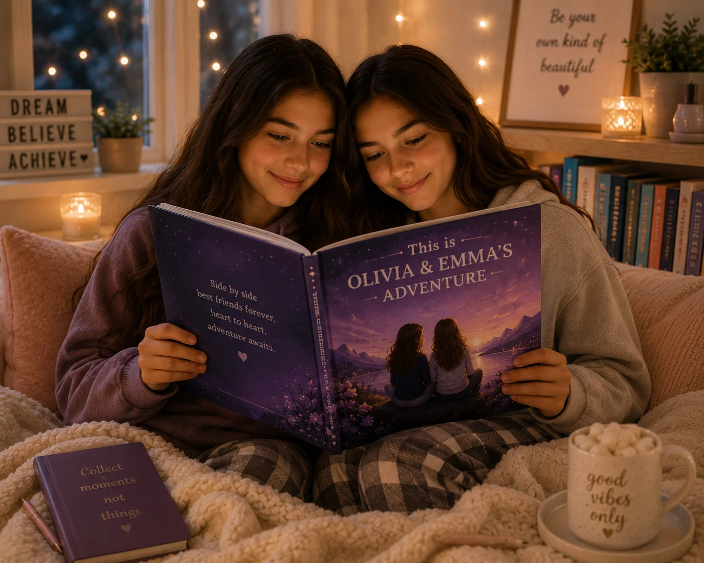 Twin tweens reading a personalized custom story together in a cozy bedroom reading nook