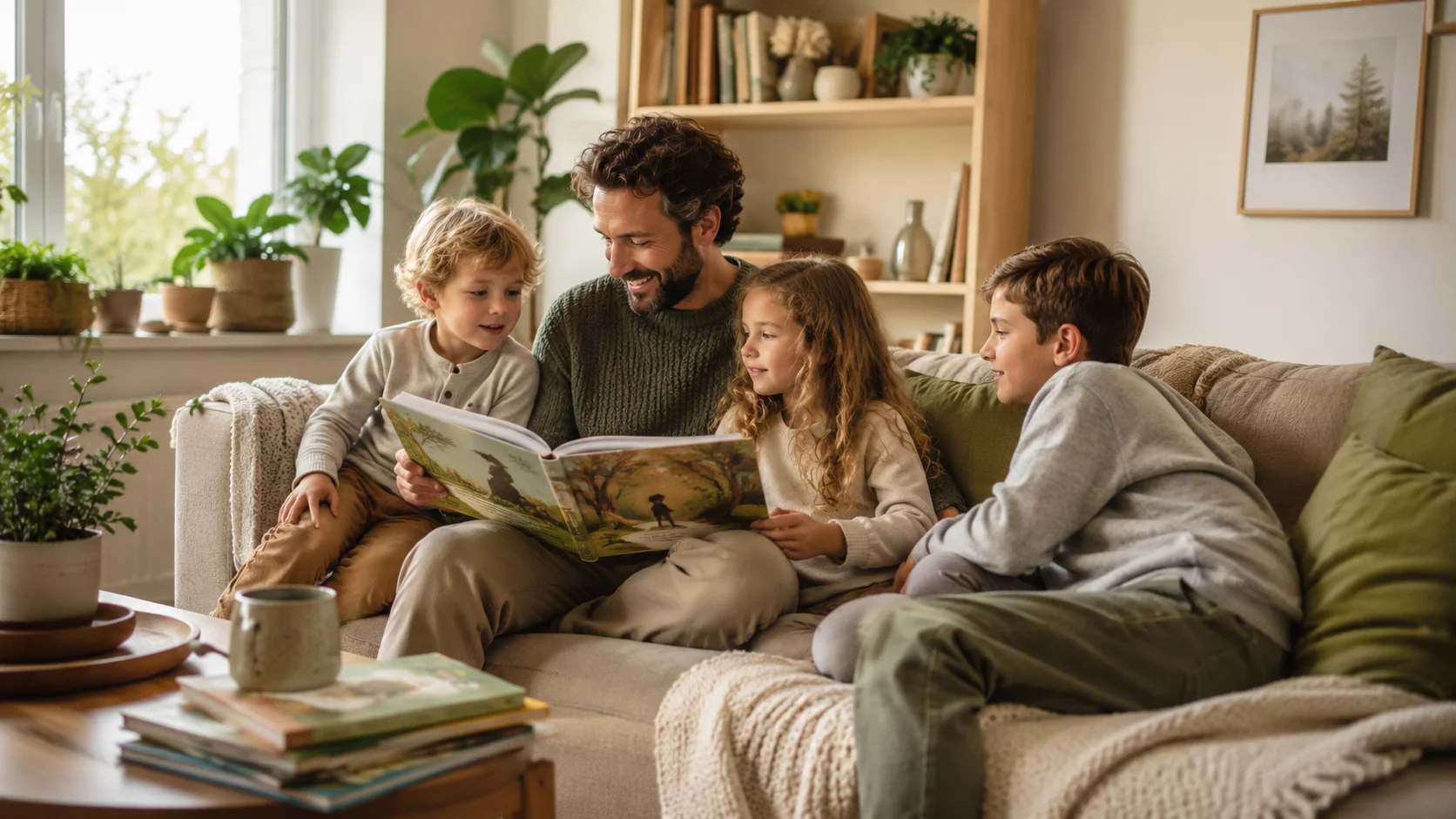 Parent reading aloud to children during a cozy family story time session