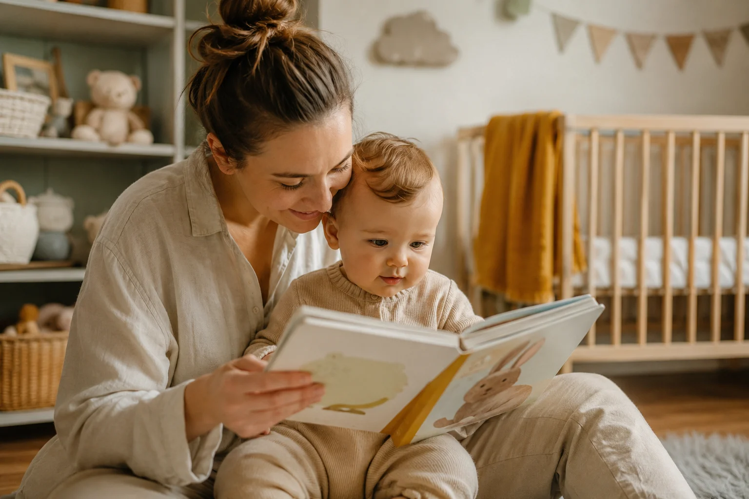 Parent reading a board book aloud to a baby in a nursery