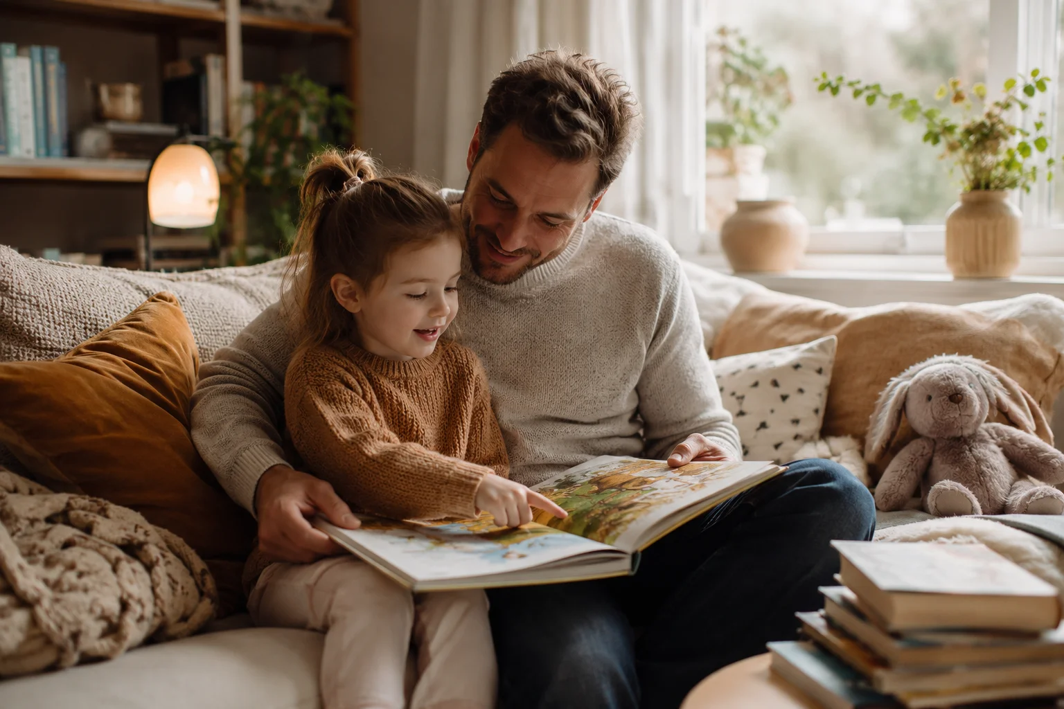 Preschool child pointing at pictures while parent reads an illustrated storybook aloud