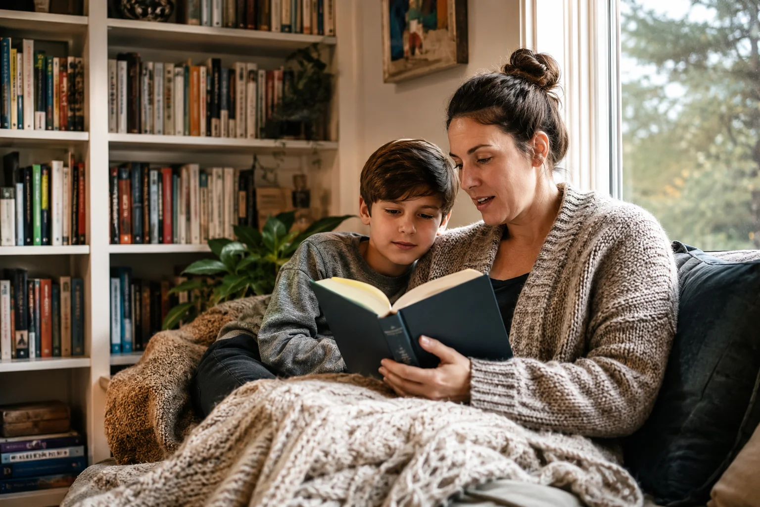 School age child listening to a parent read a chapter book aloud