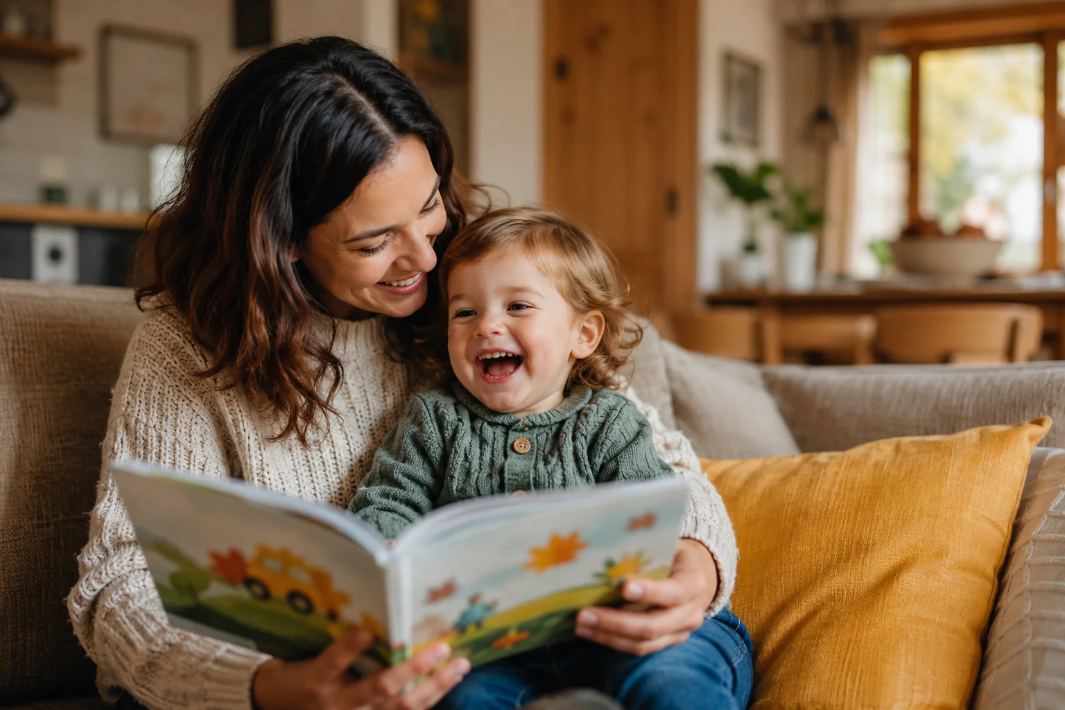 Toddler laughing while parent reads a story aloud in a cozy home