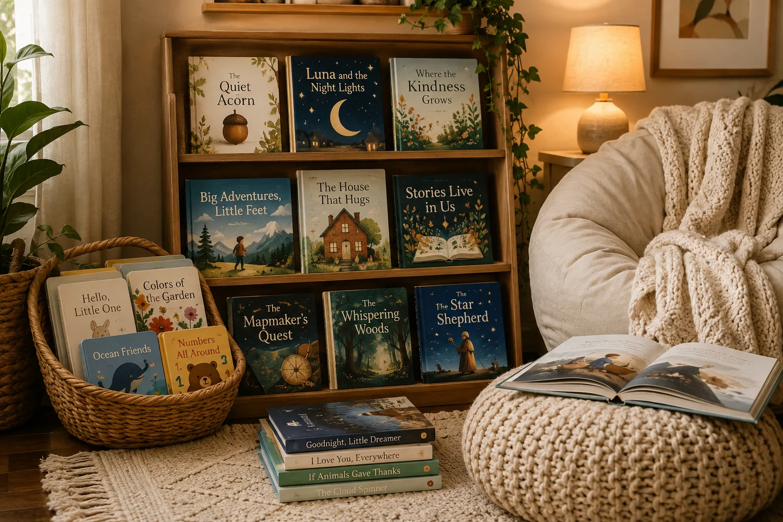 Recommended read-aloud books arranged in a cozy home reading nook