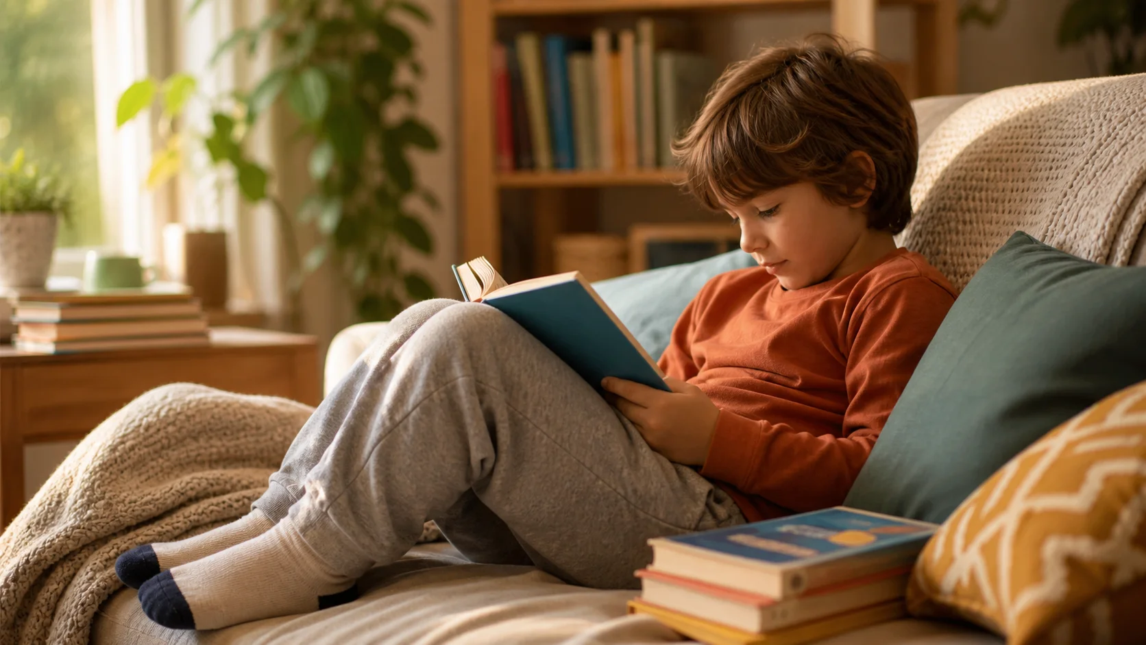 A child curled up reading a book they chose themselves, relaxed and absorbed at home
