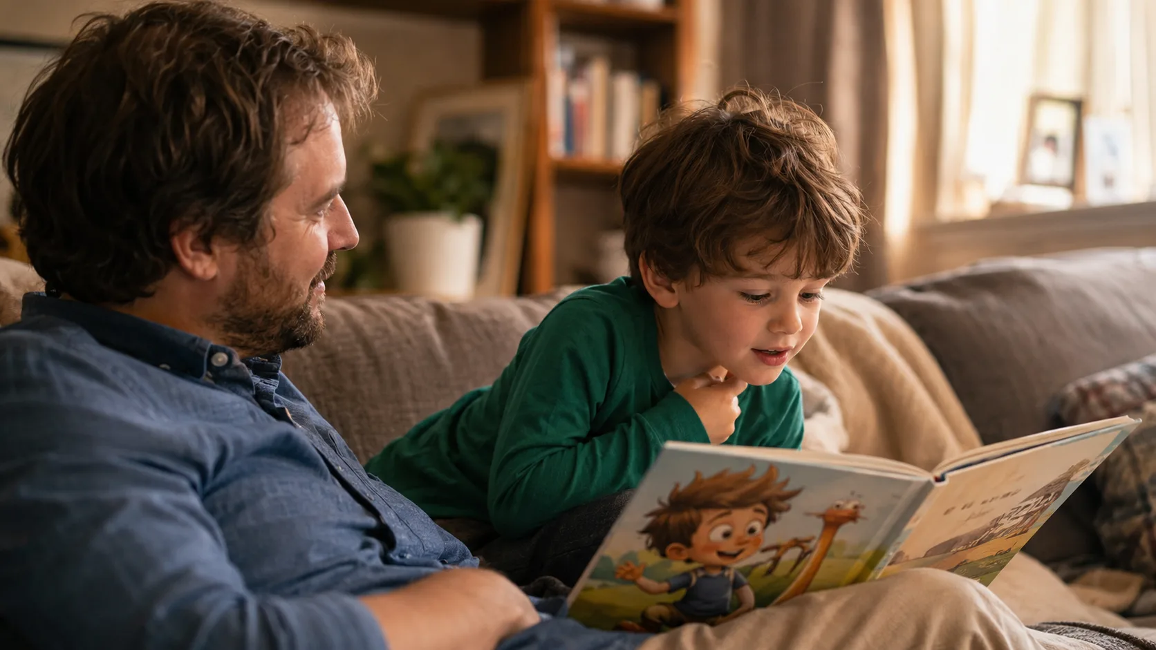A child who usually avoids reading leaning toward a funny personalized book while a parent sits nearby without pressure