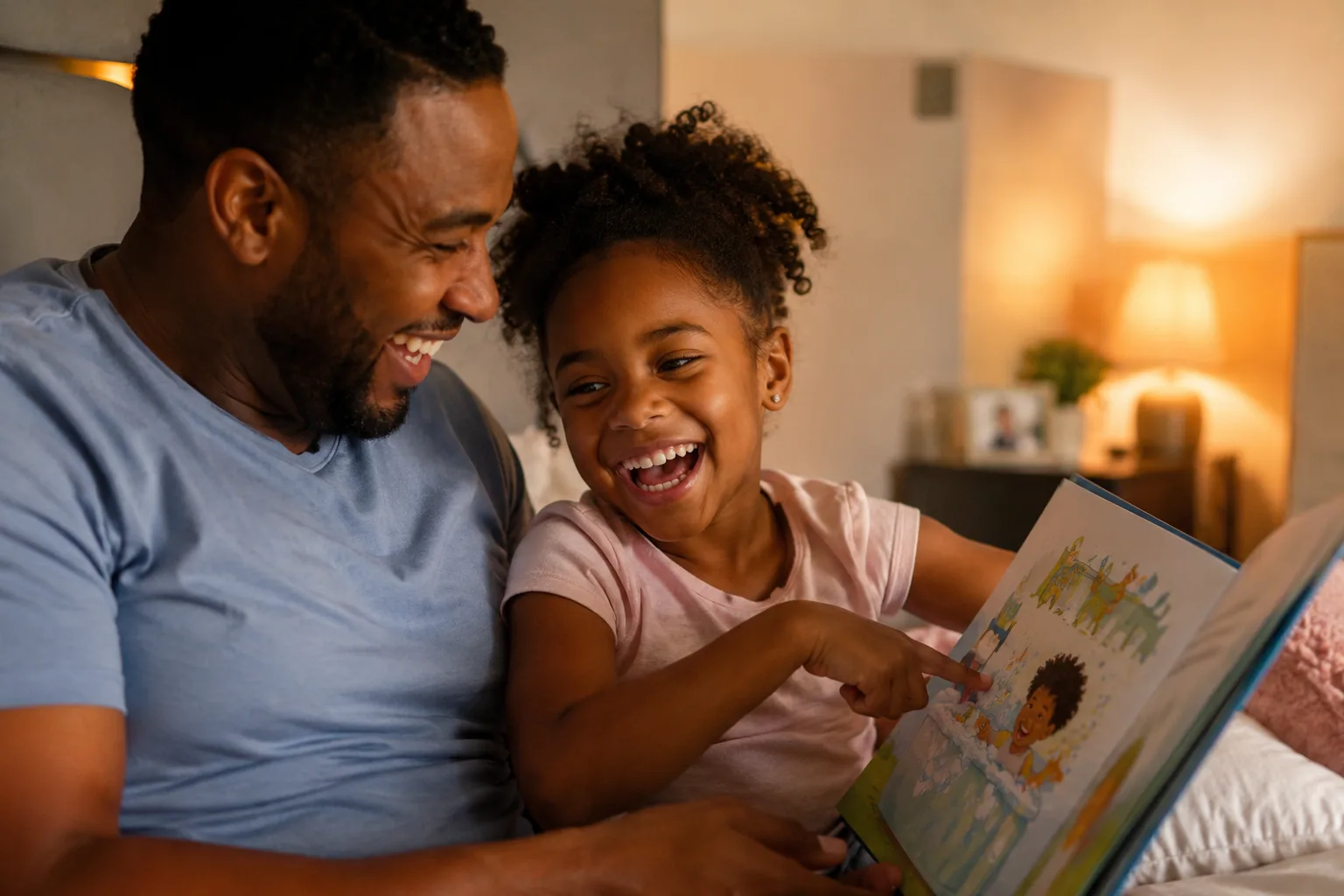 Parent and child laughing at a personalized prank scene in a book, with the child pointing to their own name in the story