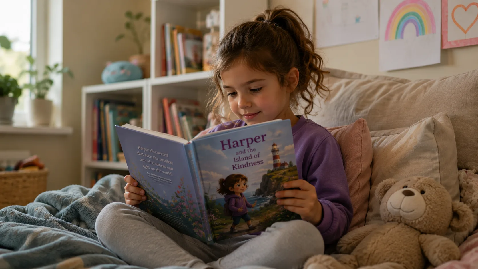 Child reading a personalized book with clear engagement and focus