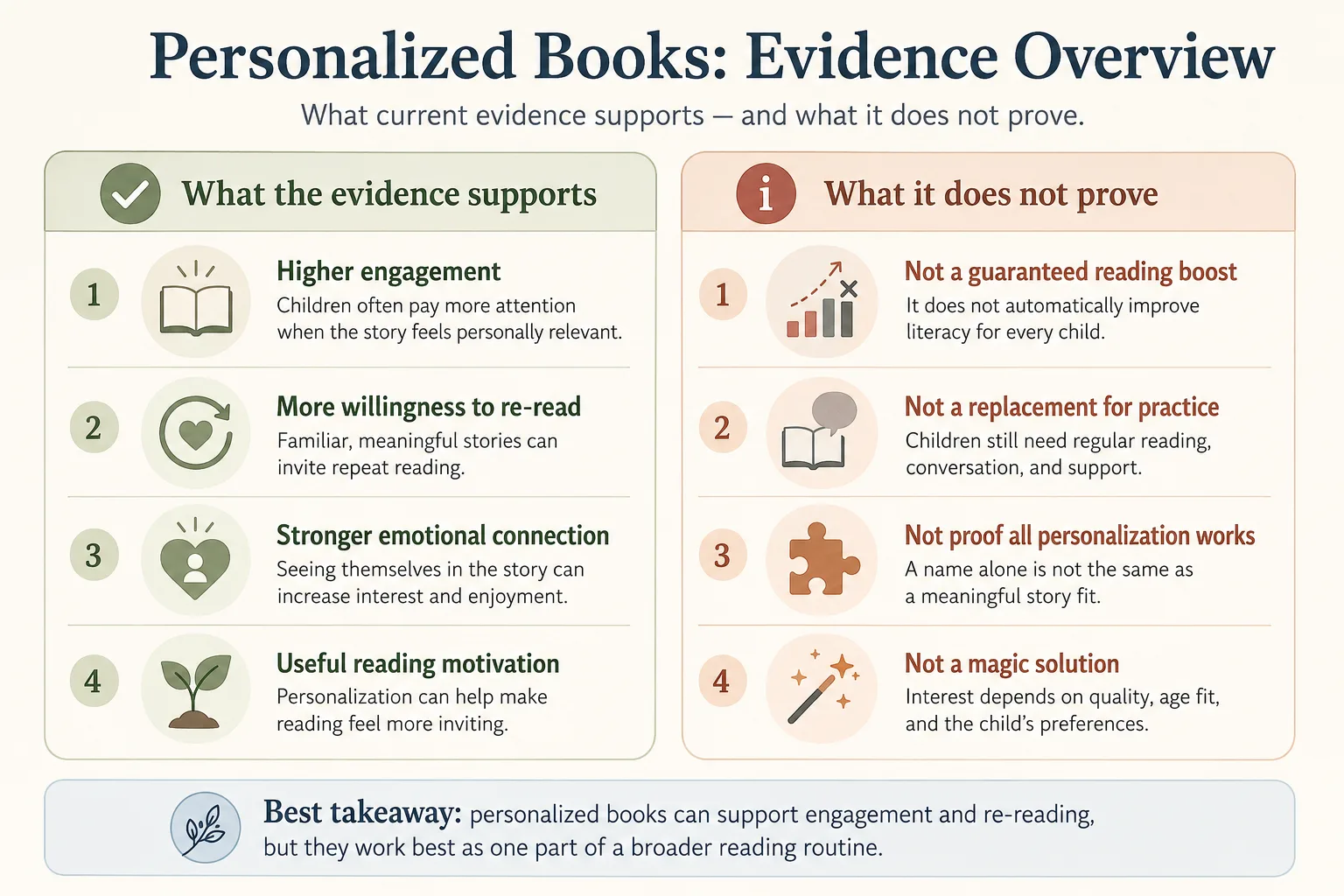 Overview chart of evidence, limits, and practical use cases for personalized books
