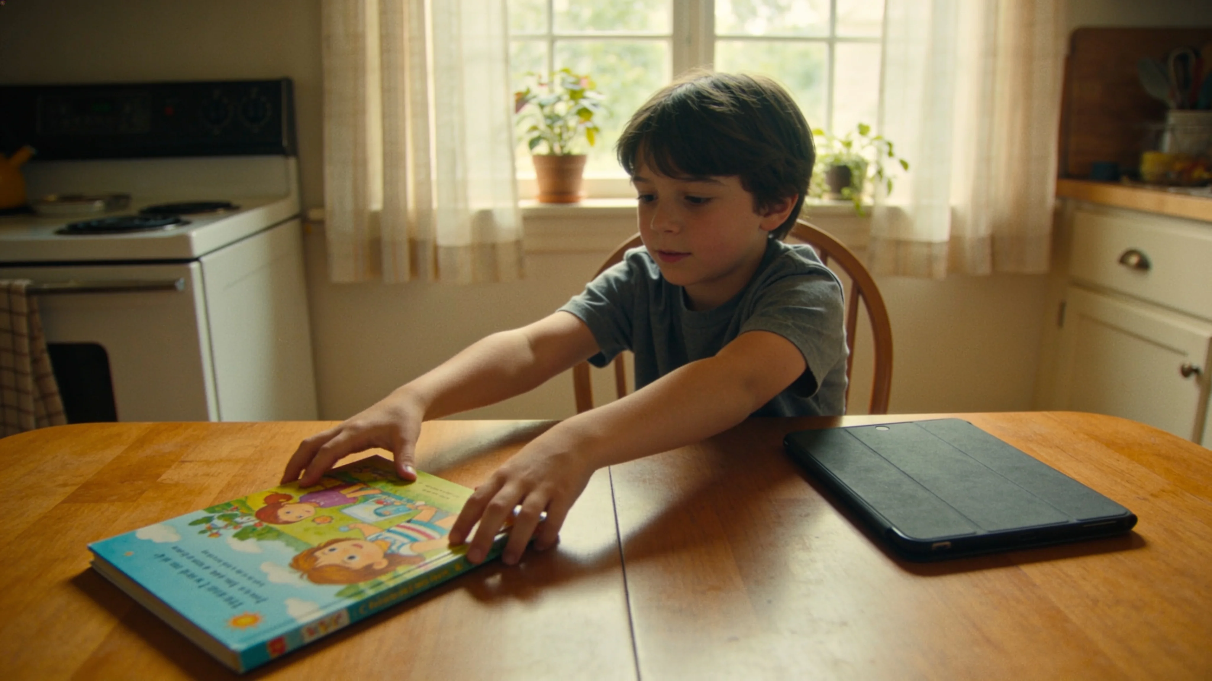 A child reaching for a book while a switched-off tablet sits on the table nearby
