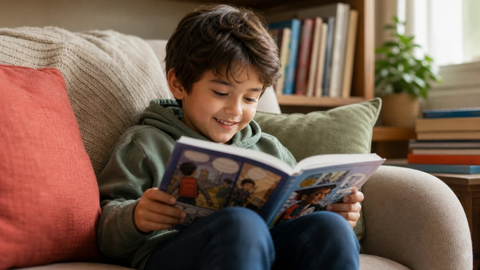 A child happily reading a colorful graphic novel, absorbed in the comic panels