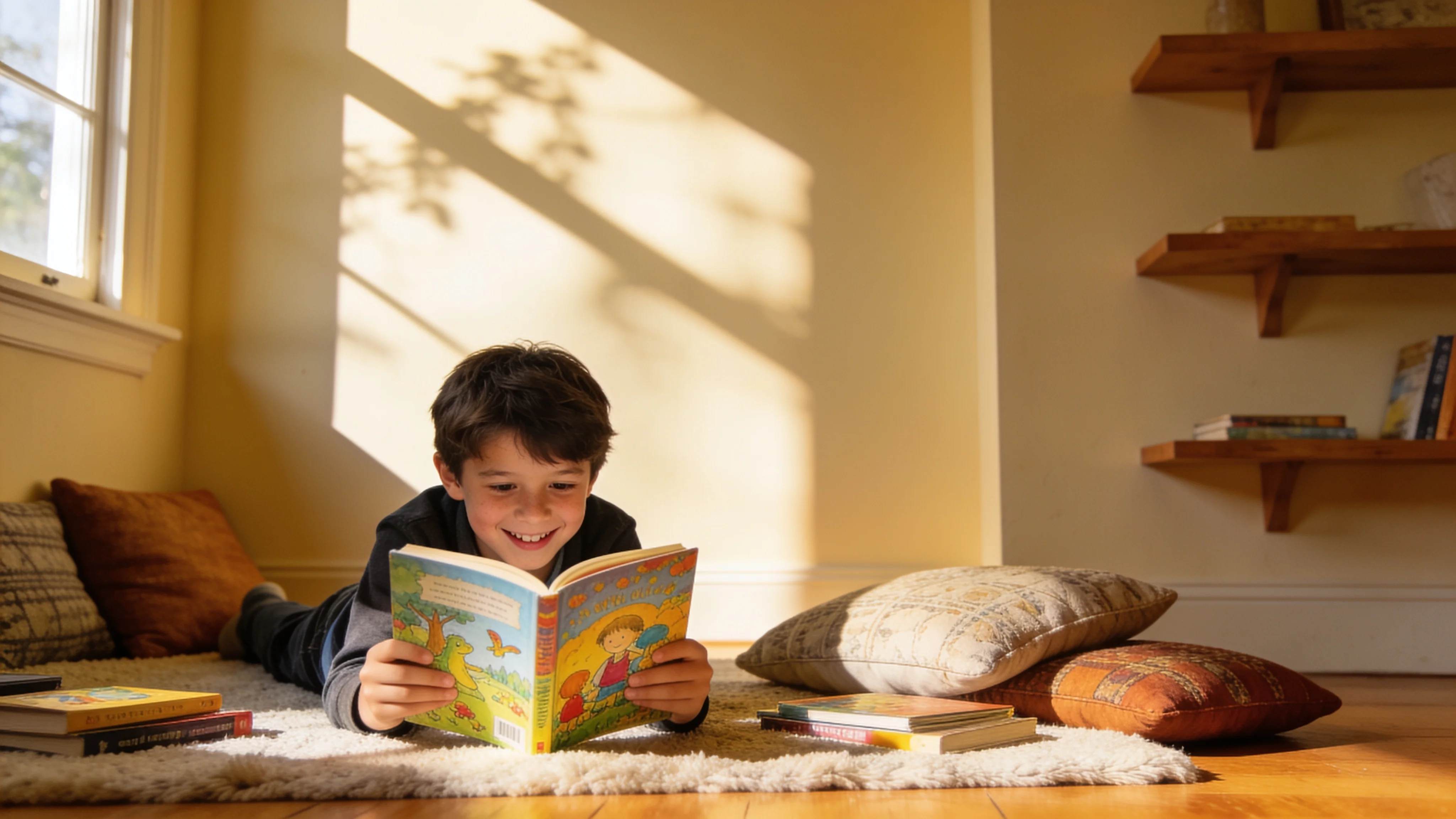 A young boy lying on the floor grinning while reading a book he picked out himself