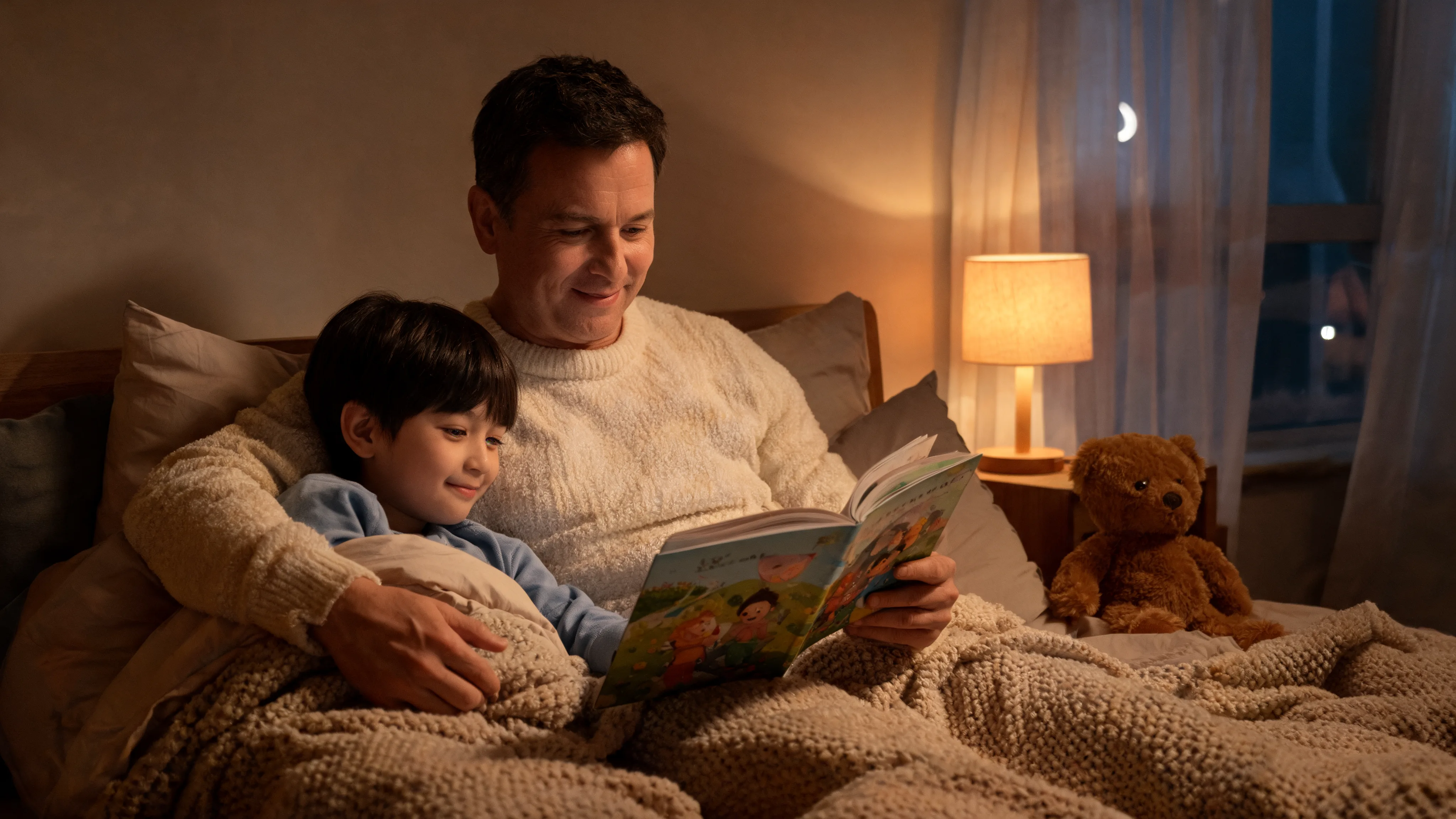 Parent and child settling into a bedtime reading routine
